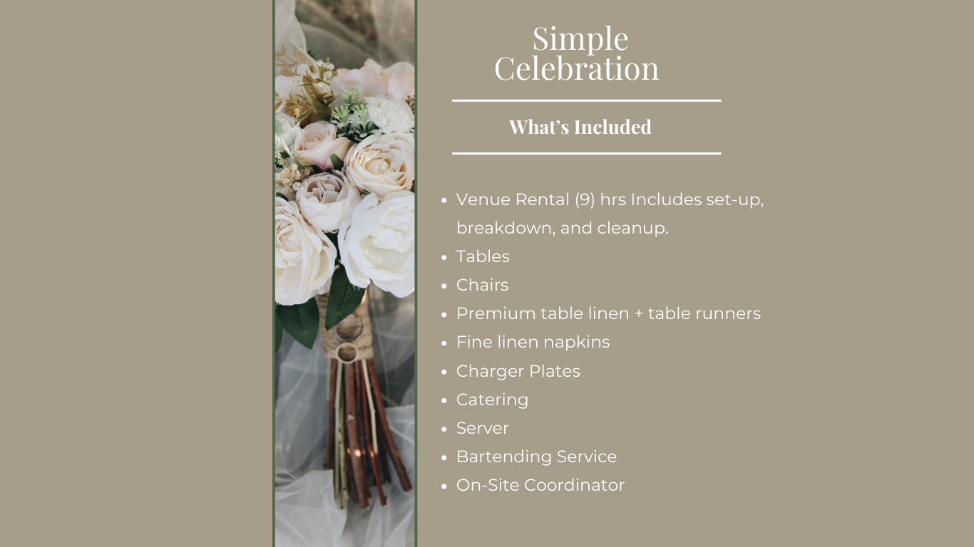 Simple Celebration event package at Valley Oak Ranch Events — full-service private venue in Chula Vista and San Diego South Bay