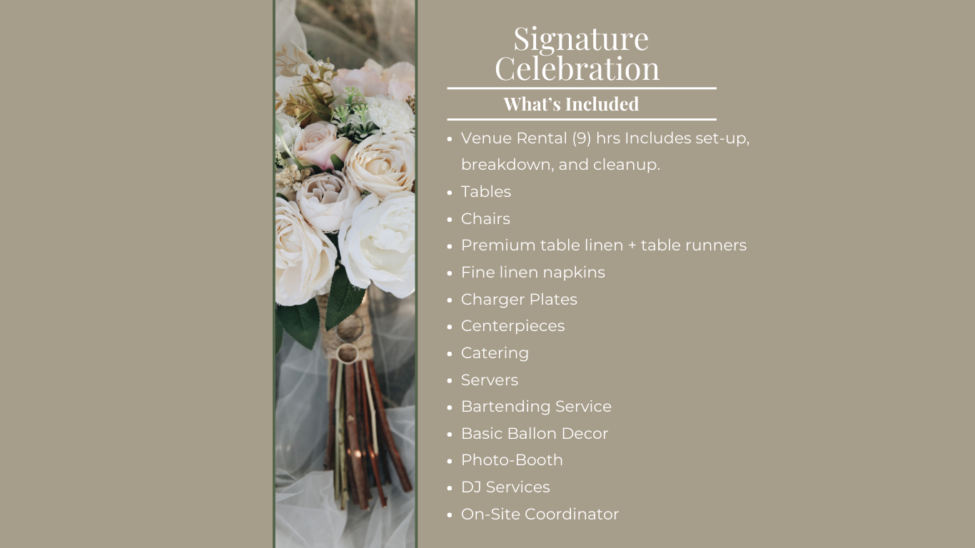 Signature Celebration package — premium décor and full event coordination at Valley Oak Ranch Events in San Diego