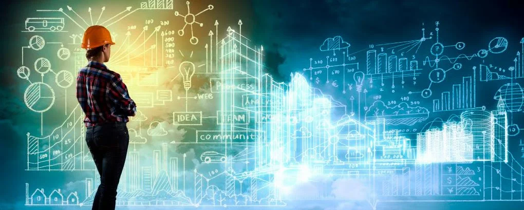 Nuori nainen kypärä päässä katsoo kaukaisuuten, jossa on visio tulevaisuuden kaupungista, kuvitus teknologiasta ja innovaatioista.