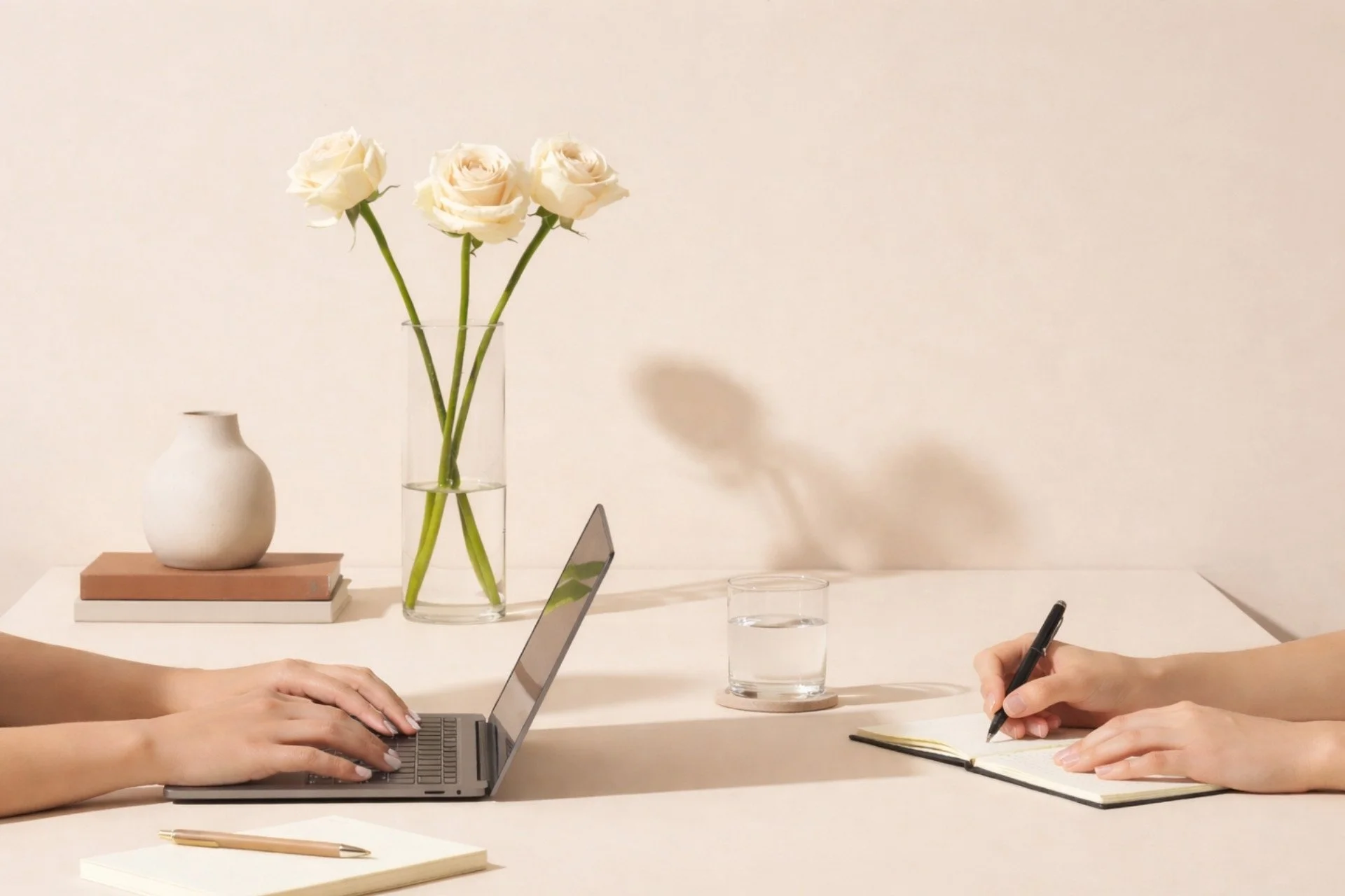 A work meeting with two people, one typing on a laptop, the other writing in a notebook, with a vase of white roses, a closed white vase, and a glass of water on the table.