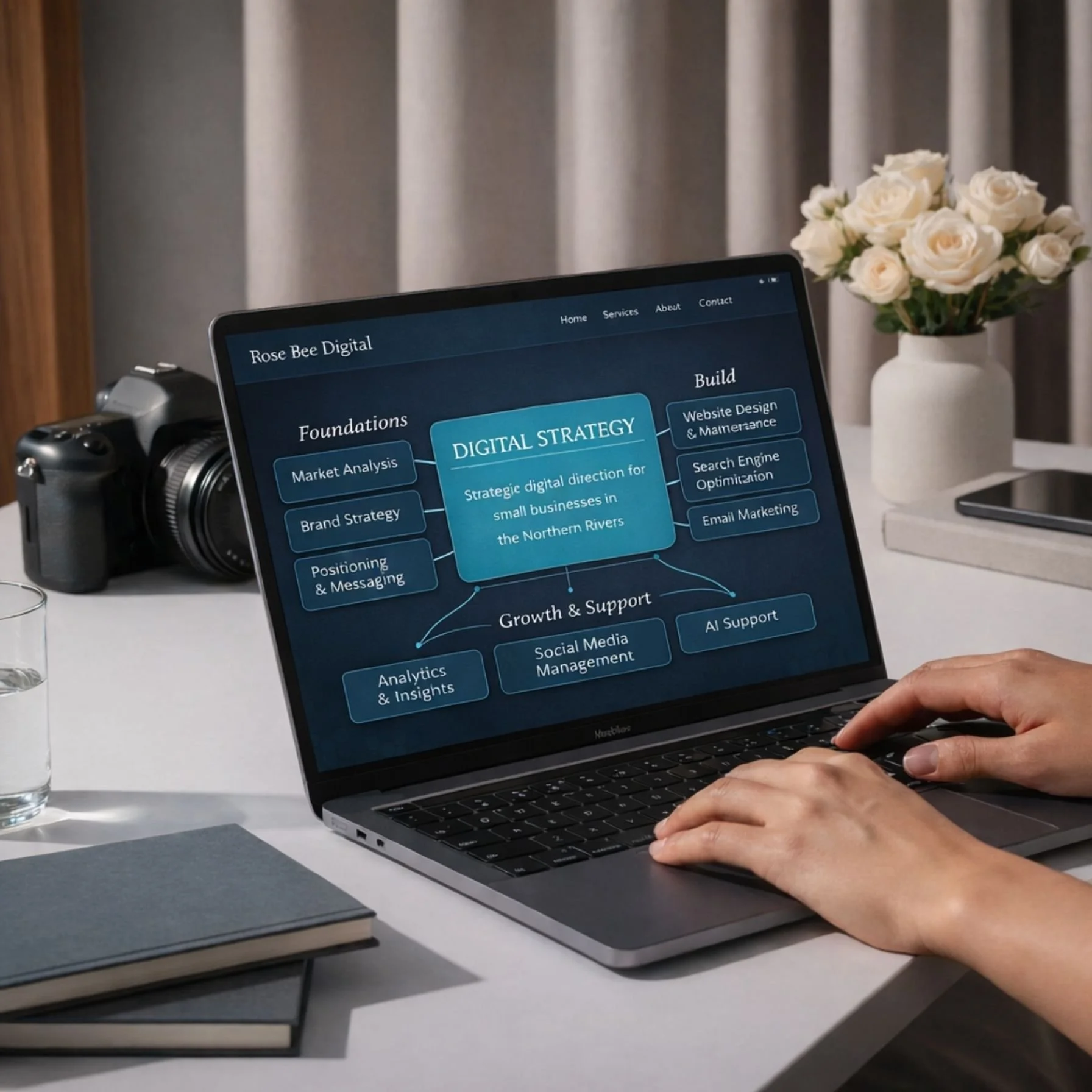 A person working on a laptop computer displaying a digital strategy diagram. The scene includes a camera, a glass of water, a closed notebook, and a vase of white roses on a desk.