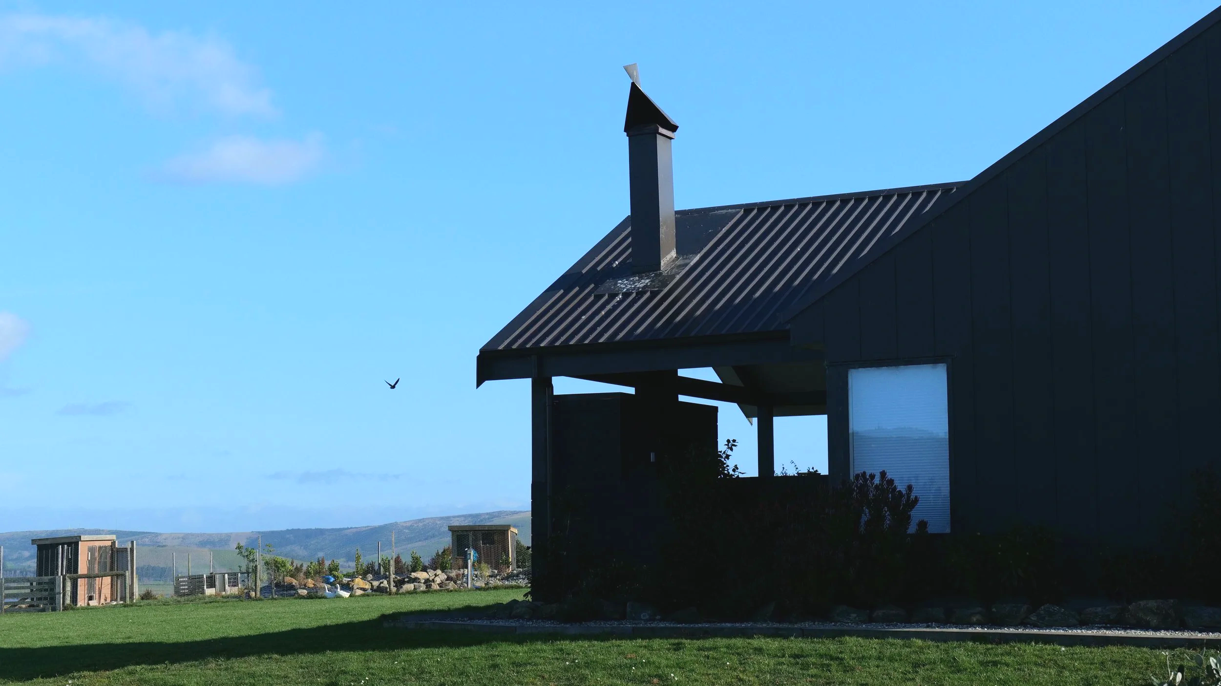 A house with a metal roof and a chimney against a blue sky with some clouds, a bird flying nearby, and a grassy yard with rocks and outdoor furniture.