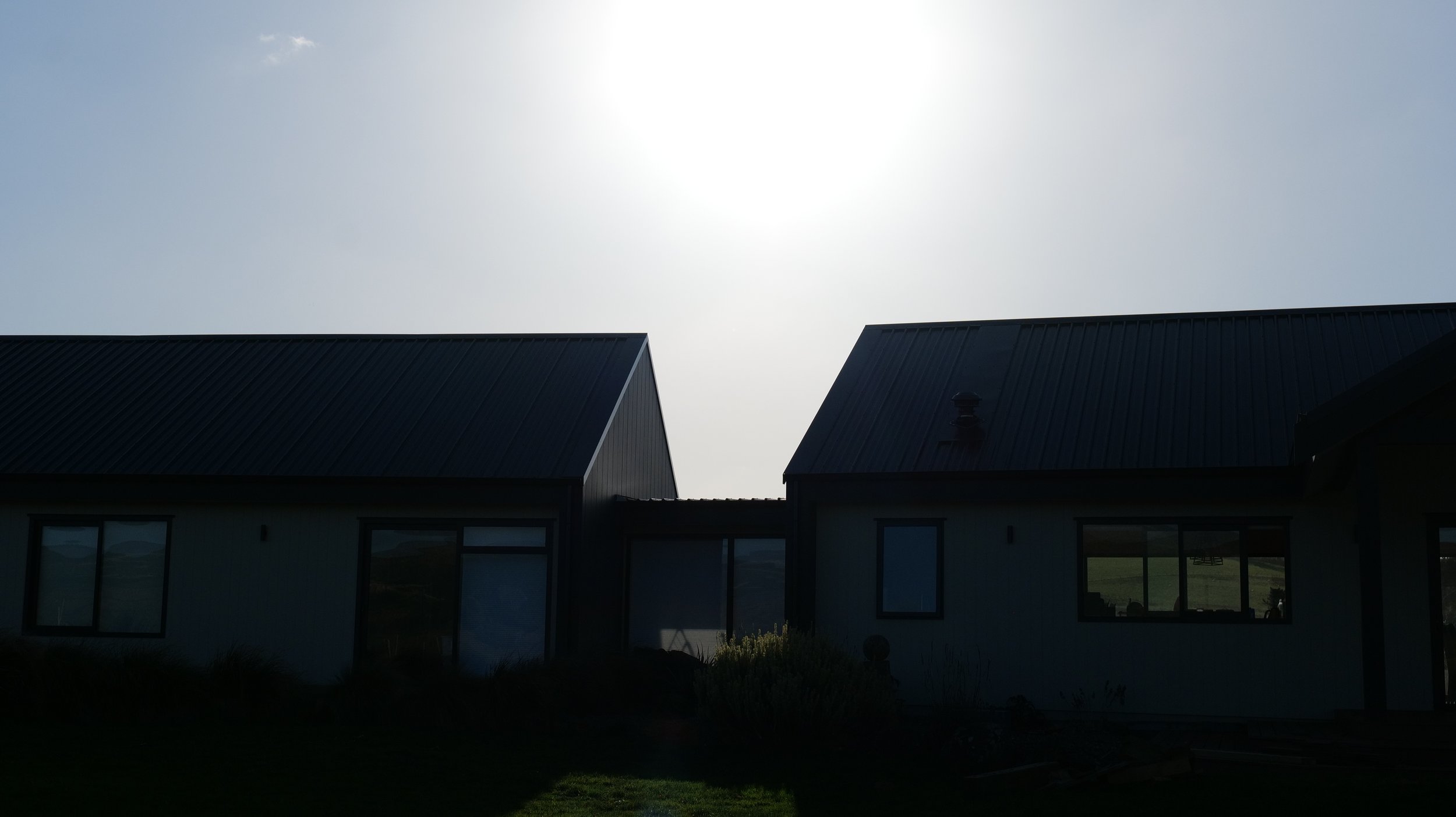 Two modern houses with dark metal roofs, viewed from the backyard under a bright, clear sky.