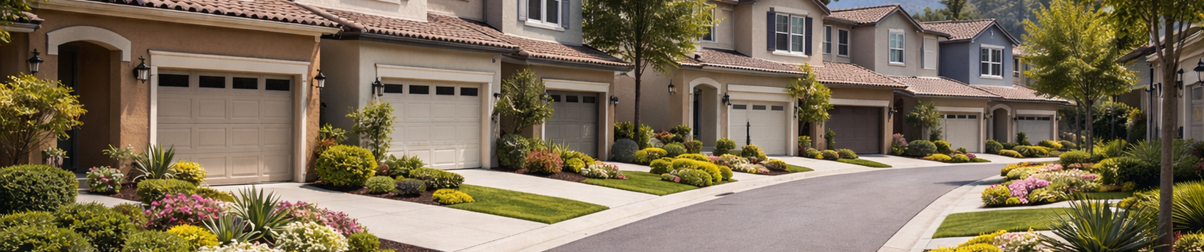 Line of suburban houses with attached garages and manicured lawns and colorful flower beds.