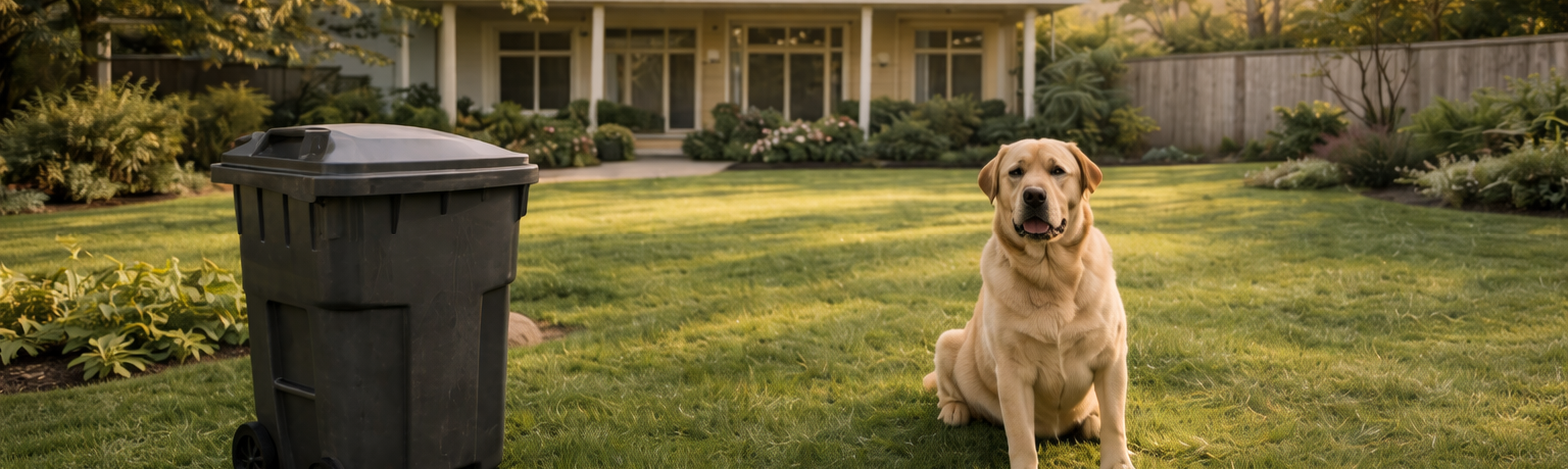 A yellow Labrador Retriever dog sitting on a lush green lawn in a backyard, facing the camera with its mouth slightly open. To the left, there's a black trash or recycling bin. In the background, there is a house with large windows and a porch, surrounded by various plants and shrubs, with a wooden fence at the back.