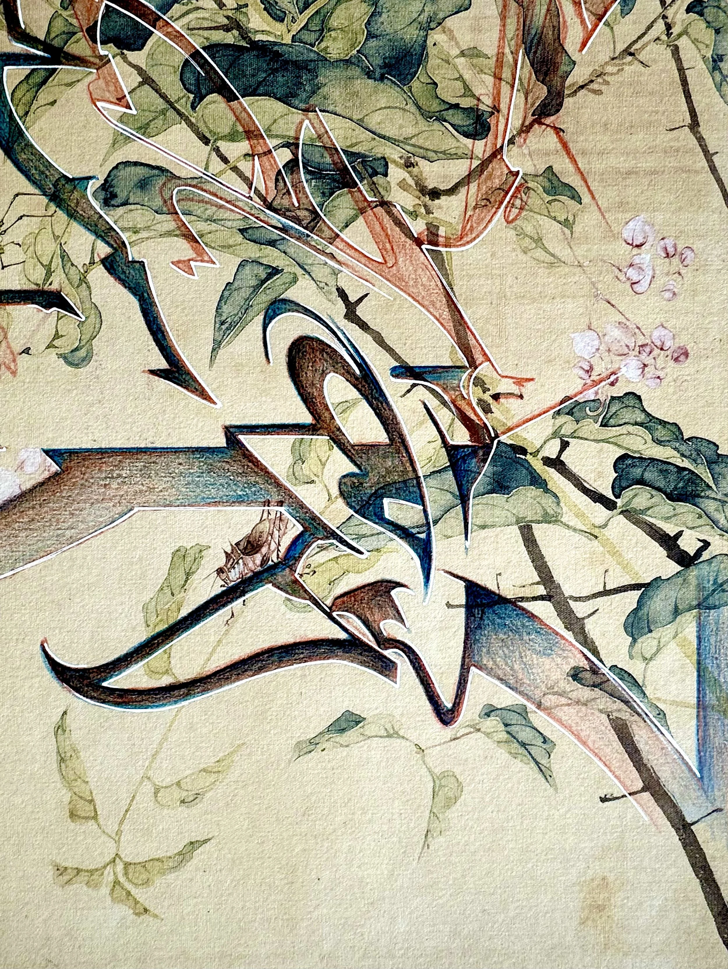 Steve Lecru, 3Dots, Mixed media on printed paper, Chinese flowers reinterpretations by Steve Lecru, combining traditional Chinese painting, graffiti, and calligraphy in dynamic cross-cultural compositions.