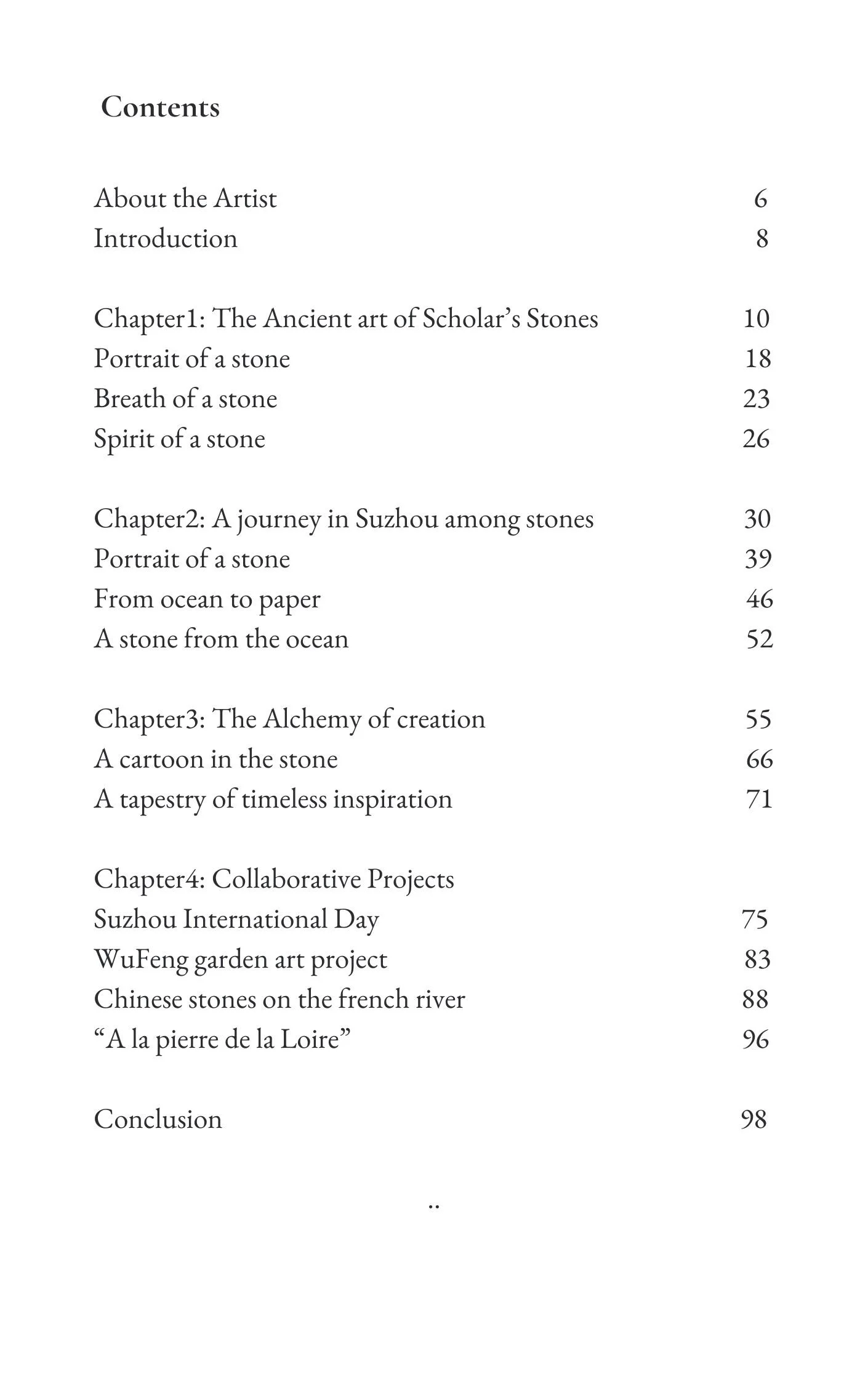 Steve Lecru, Art Book ,Table of contents from a book, listing chapters and page numbers about ancient Chinese art and stones, including topics like stone portraiture, the journey in Suzhou, creation alchemy, and collaborative projects.