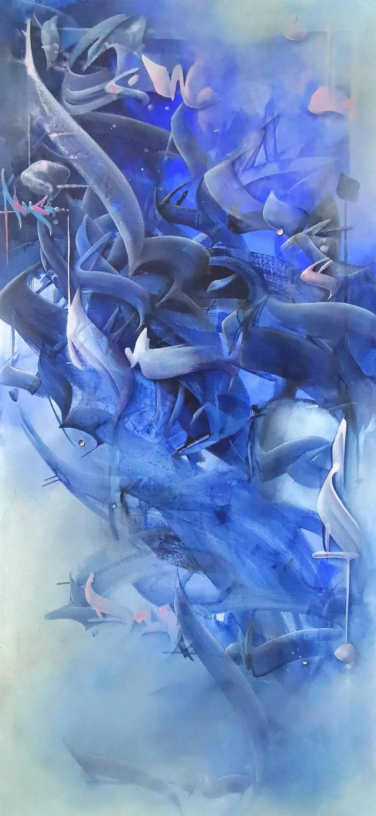 Art by Steve Lecru, 3Dots, called Handwritten Data,  Oil on linen, Calligraphy/Graffiti Series , contemporary painting showing dynamic lettering, gestural calligraphy, abstract composition inspired by graffiti, Latin,Arabic and Chinese calligraphy