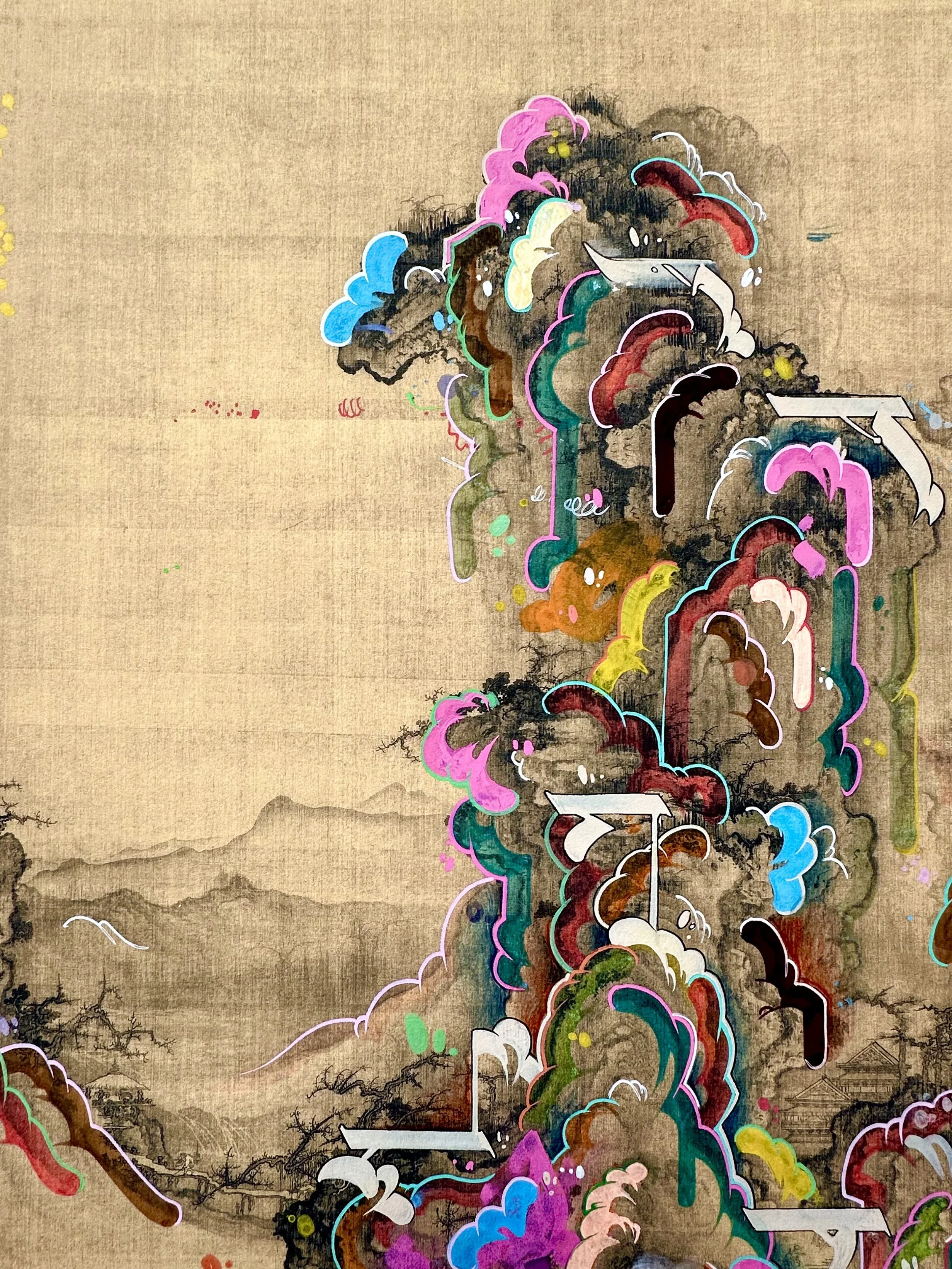 Steve Lecru, 3Dots, Mixed media on printed paper, Chinese landscape reinterpretations by Steve Lecru, combining traditional Chinese painting, graffiti, and calligraphy in dynamic cross-cultural compositions.