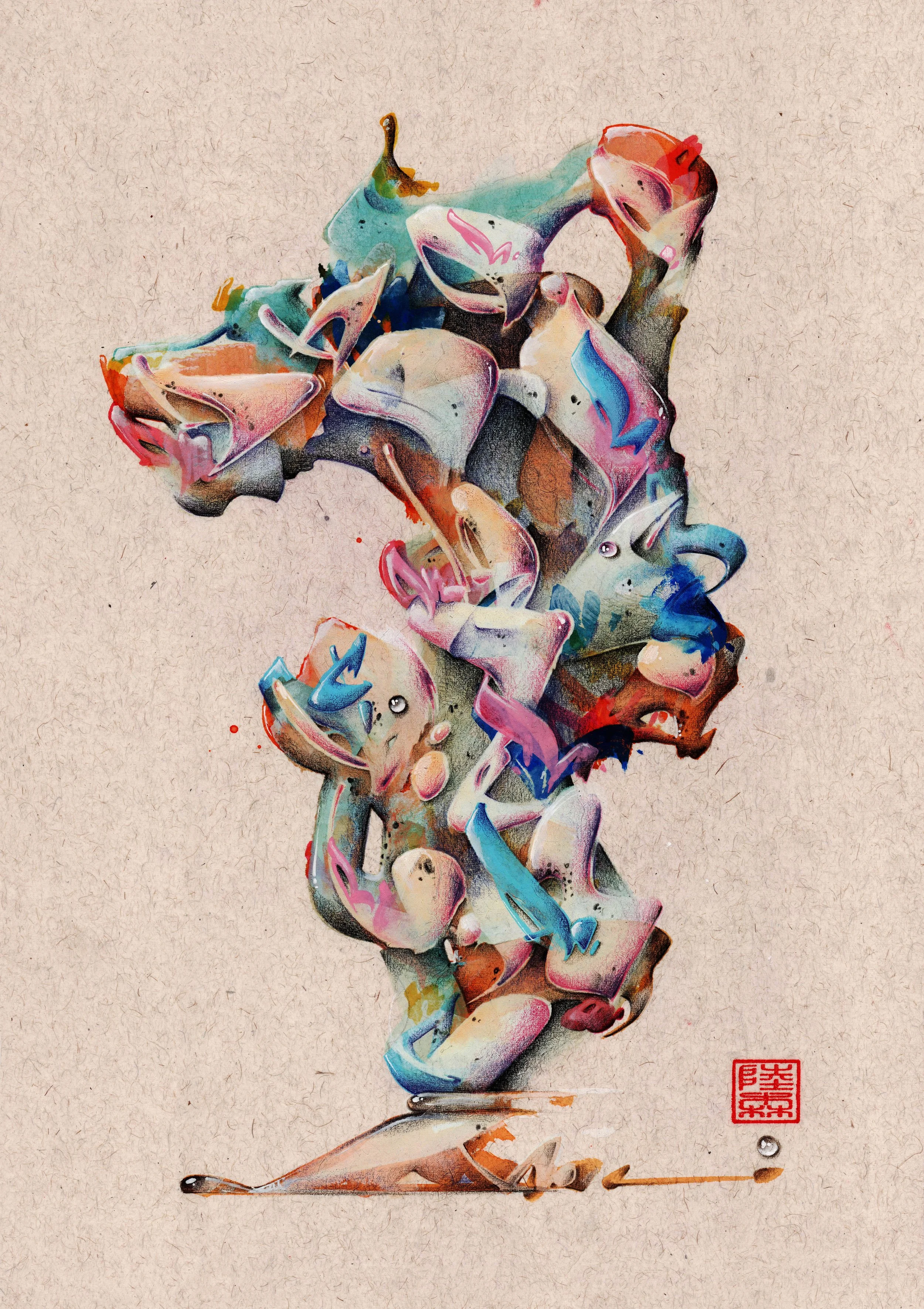 Steve Lecru Art , 3Dots, , Scholar Stones Series , contemporary painting inspired by Taihu stones and Chinese scholar stones, blending calligraphy and graffiti techniques