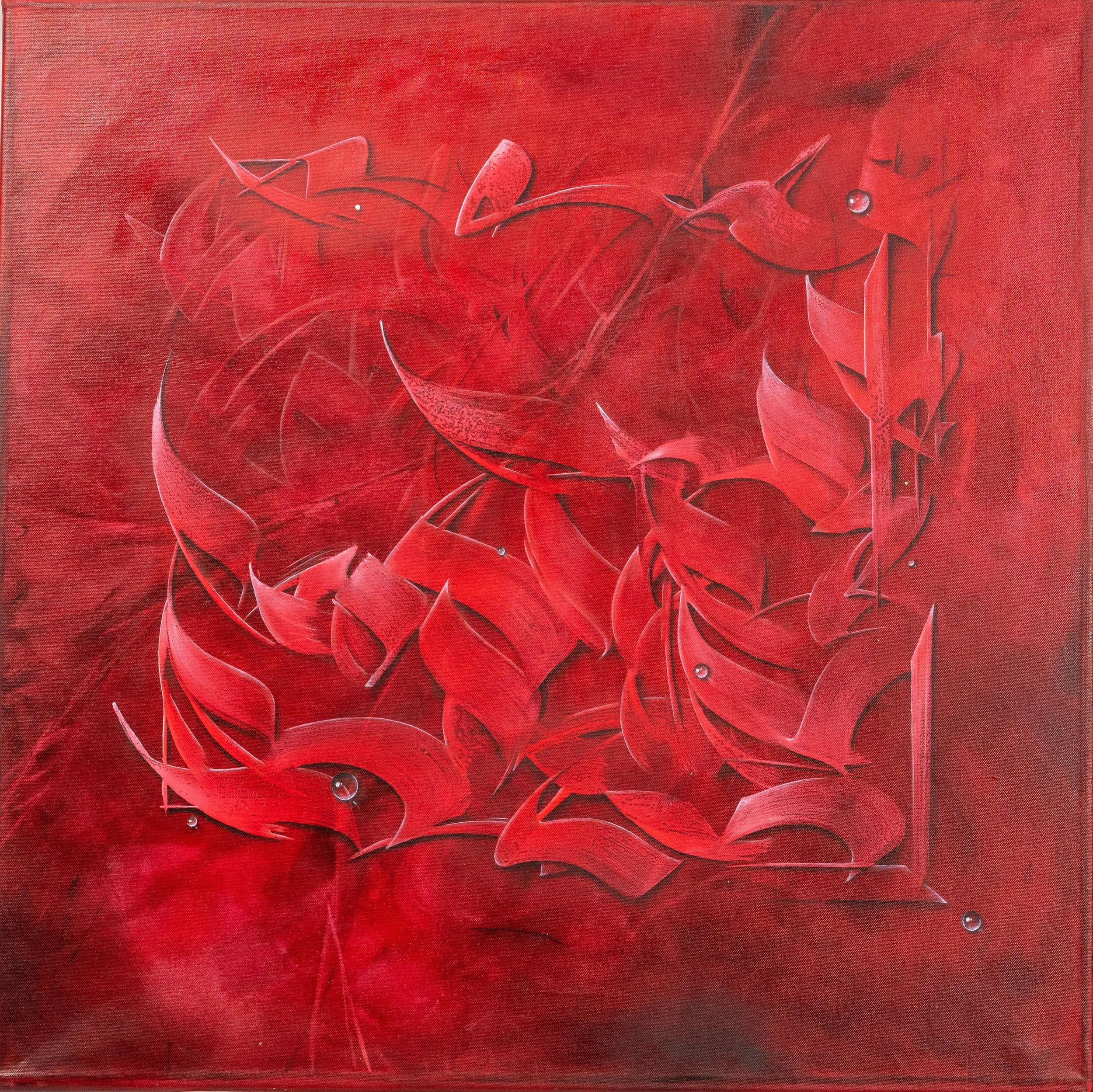 Art by Steve Lecru, 3Dots, called Crimson Reliquary, Oil on linen, Calligraphy/Graffiti Series, contemporary painting showing dynamic lettering, gestural calligraphy, abstract composition inspired by graffiti, Latin,Arabic and Chinese calligraphy