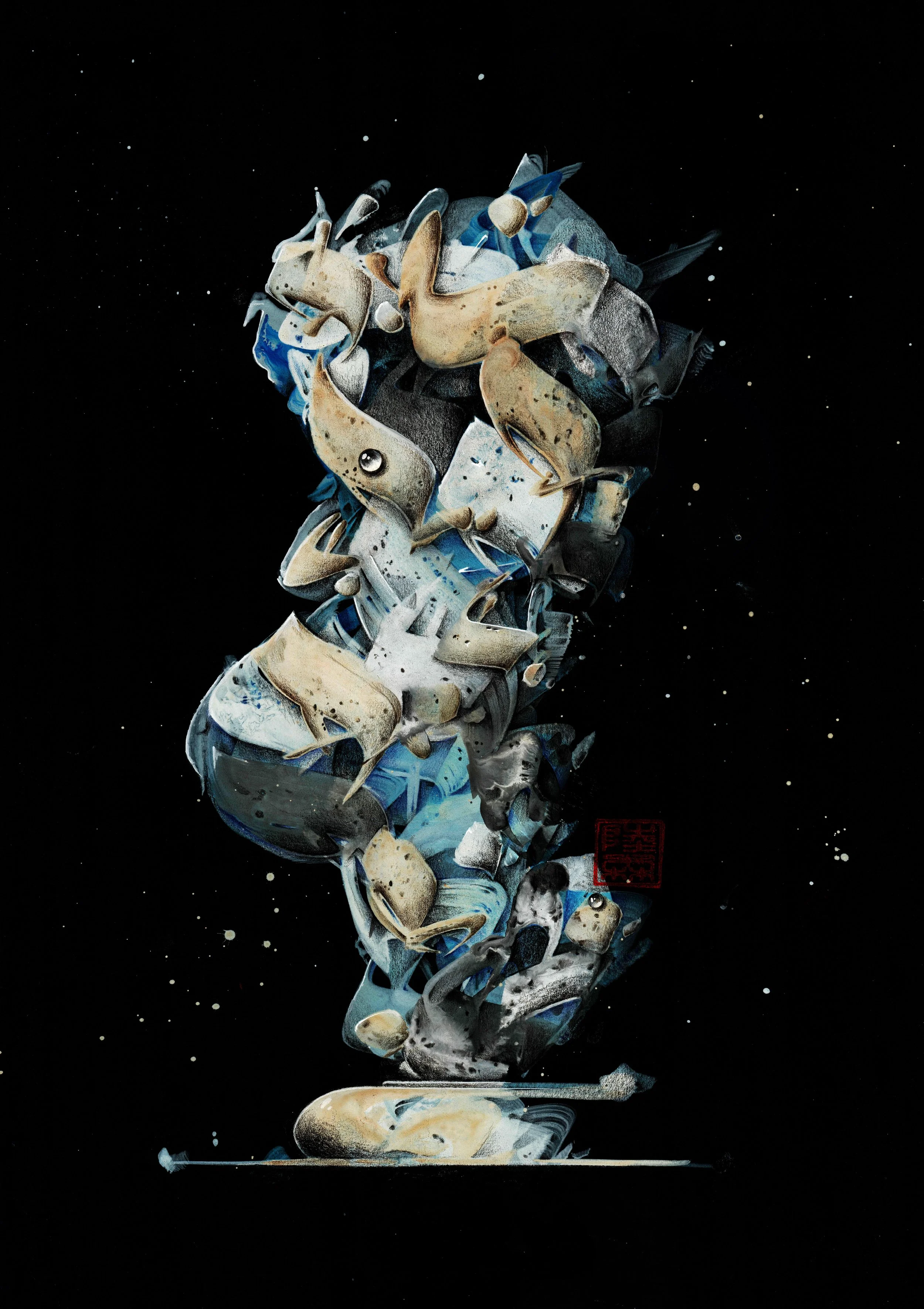 Steve Lecru Art , 3Dots,  Scholar Stones Series contemporary painting inspired by Taihu stones and Chinese scholar stones, blending calligraphy and graffiti techniques