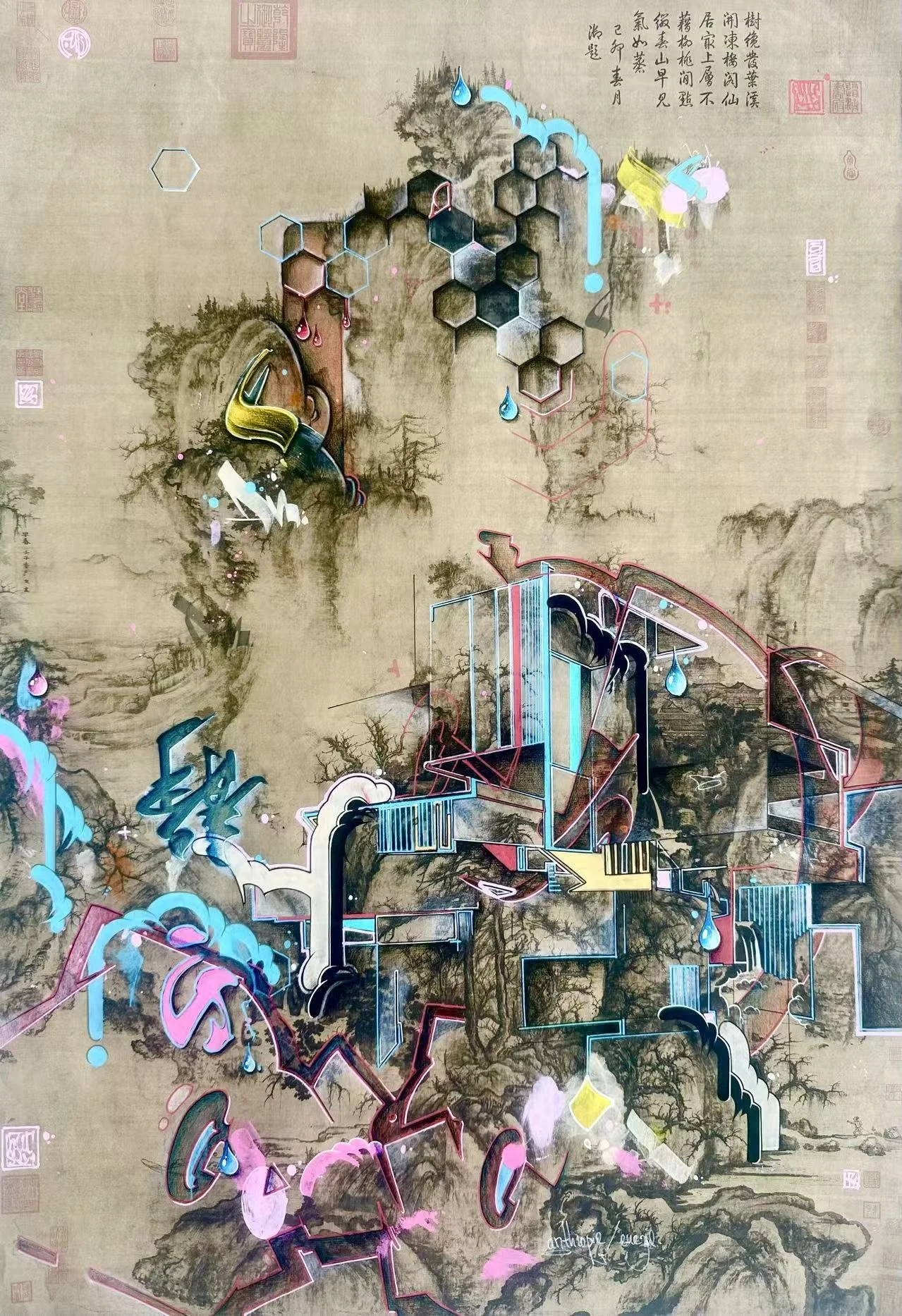 Art by Steve Lecru, 3Dots,, Chinese landscape reinterpretations, combining traditional Chinese painting, graffiti and calligraphy in dynamic cross-cultural compositions.