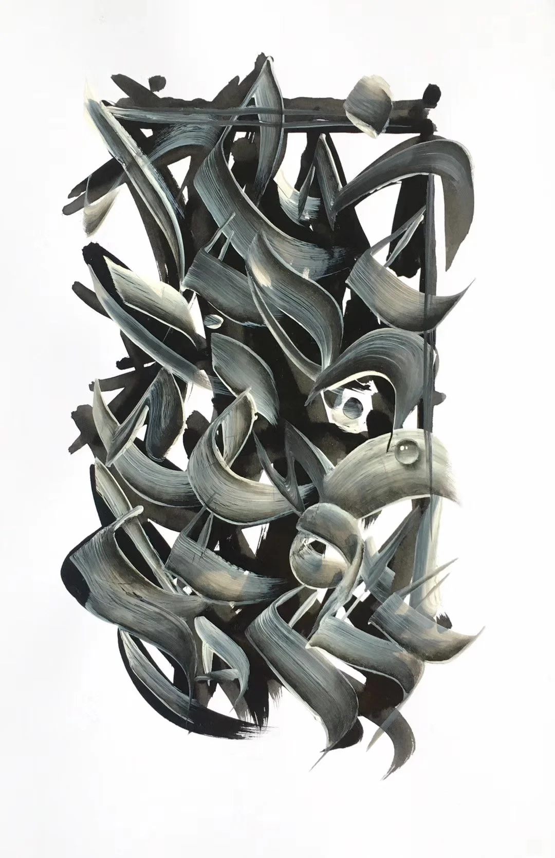 Art by Steve Lecru, 3Dots, called Night Manuscript, Calligraphy/Graffiti Series by ,contemporary painting showing dynamic lettering, gestural calligraphy, abstract composition inspired by graffiti, Latin,Arabic and Chinese calligraphy