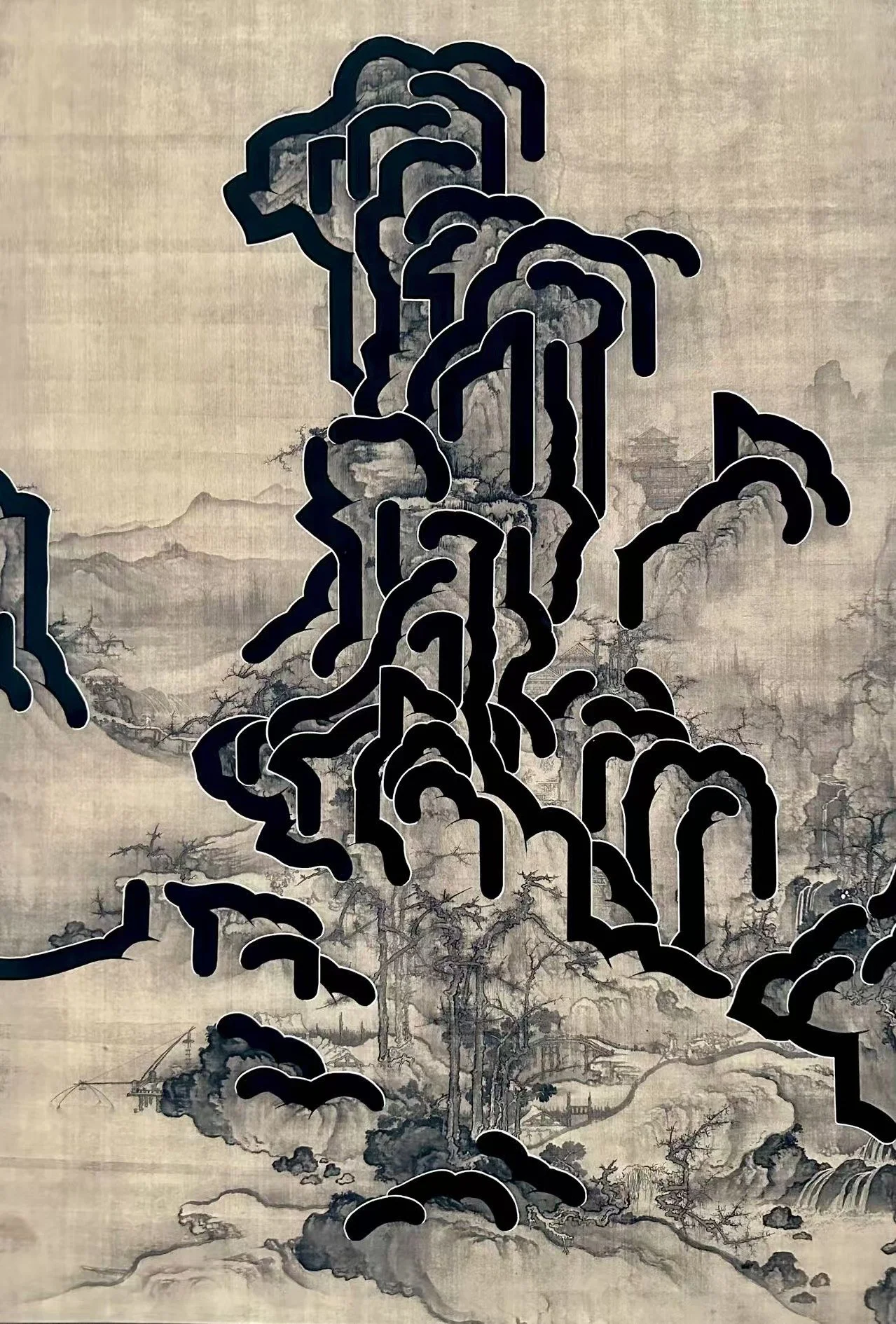 Art by Steve Lecru, 3Dots, Chinese landscape reinterpretations , combining traditional Chinese painting, graffiti and calligraphy in dynamic cross-cultural compositions.