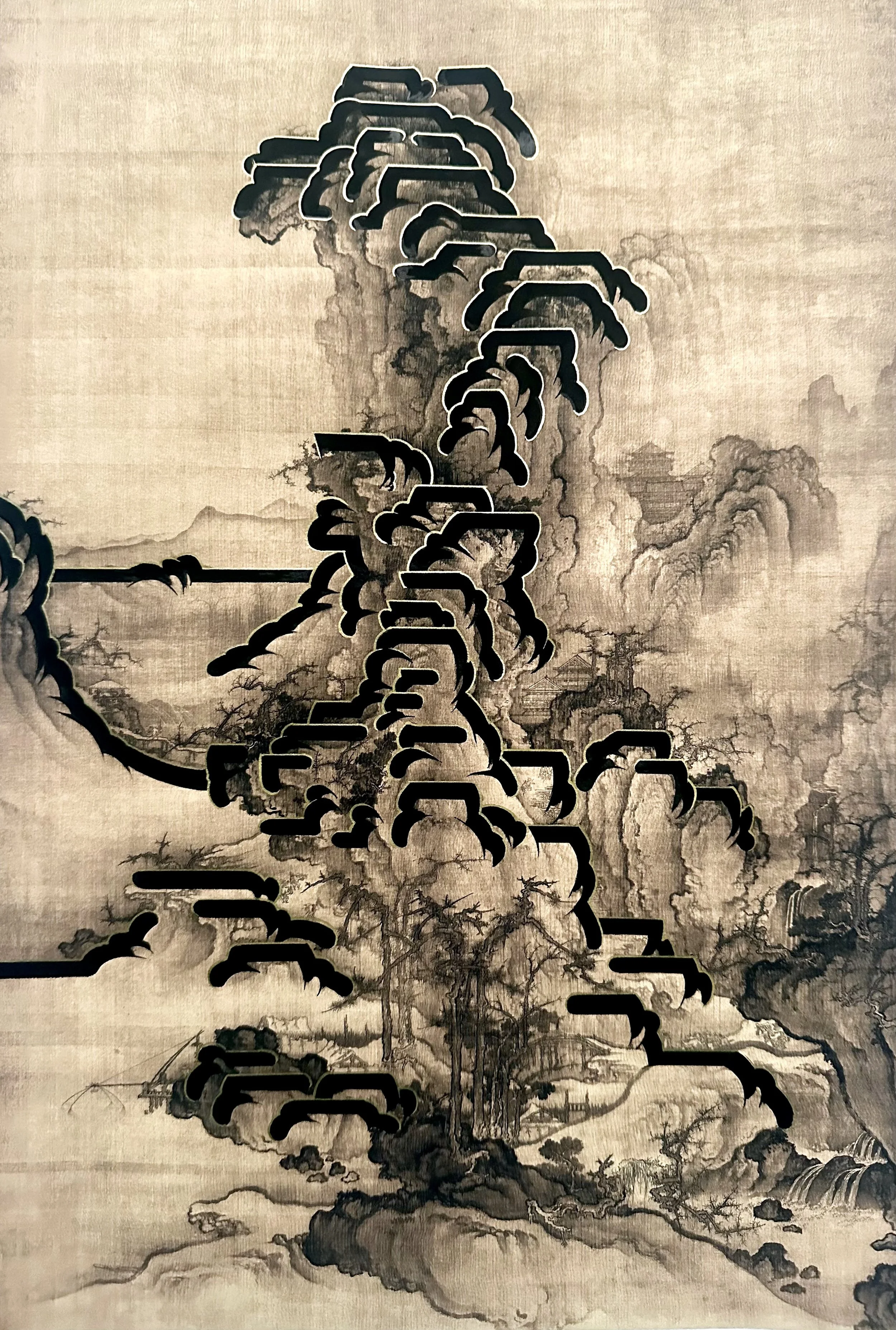 Art by Steve Lecru, 3Dots, Chinese landscape reinterpretations , combining traditional Chinese painting, graffiti and calligraphy in dynamic cross-cultural compositions.