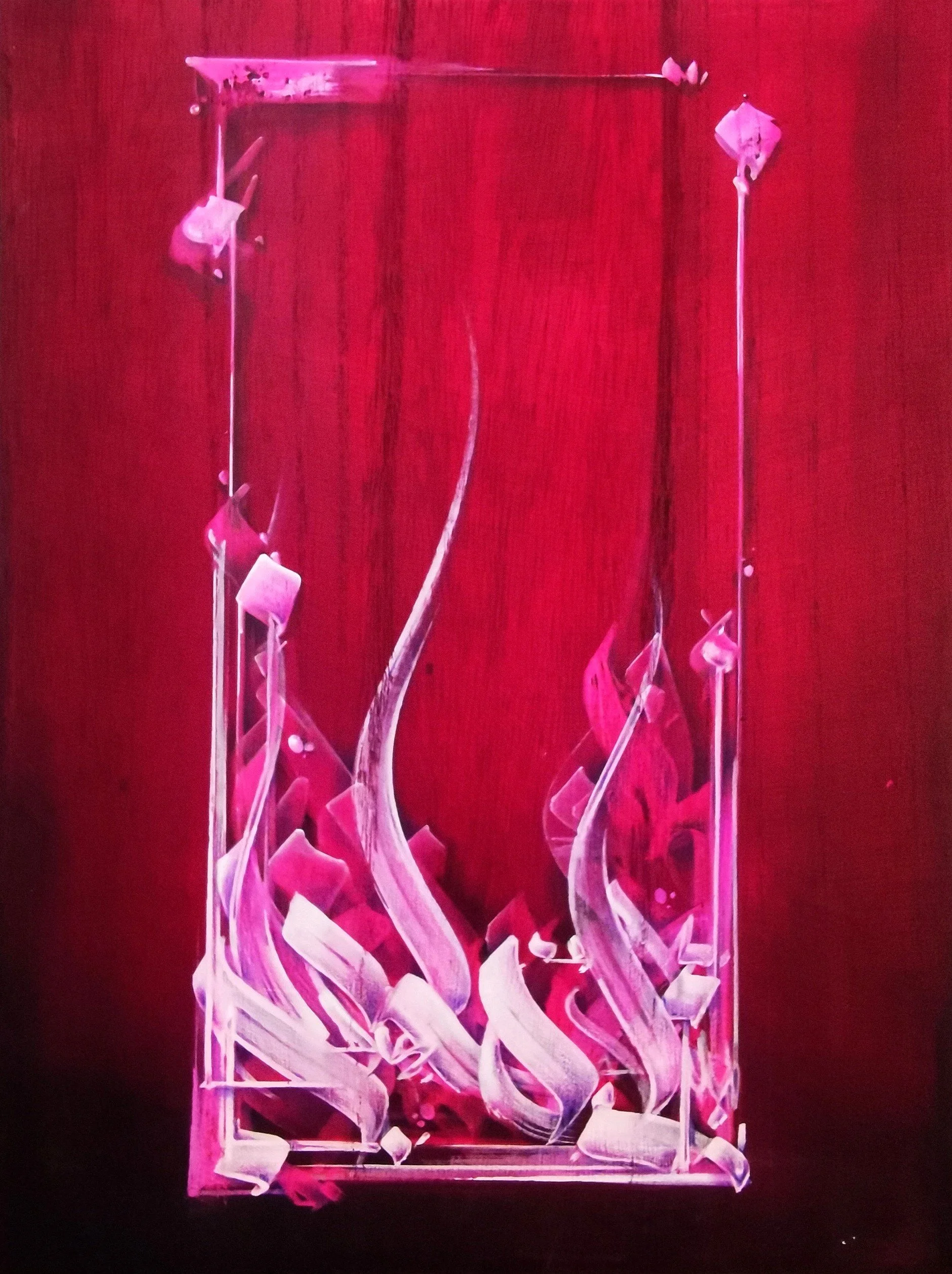 Art by Steve Lecru,3Dots, called Rising Incantation,2022, Calligraphy/Graffiti Series, contemporary painting showing dynamic lettering, gestural calligraphy, abstract composition inspired by graffiti, Latin,Arabic and Chinese calligraphy