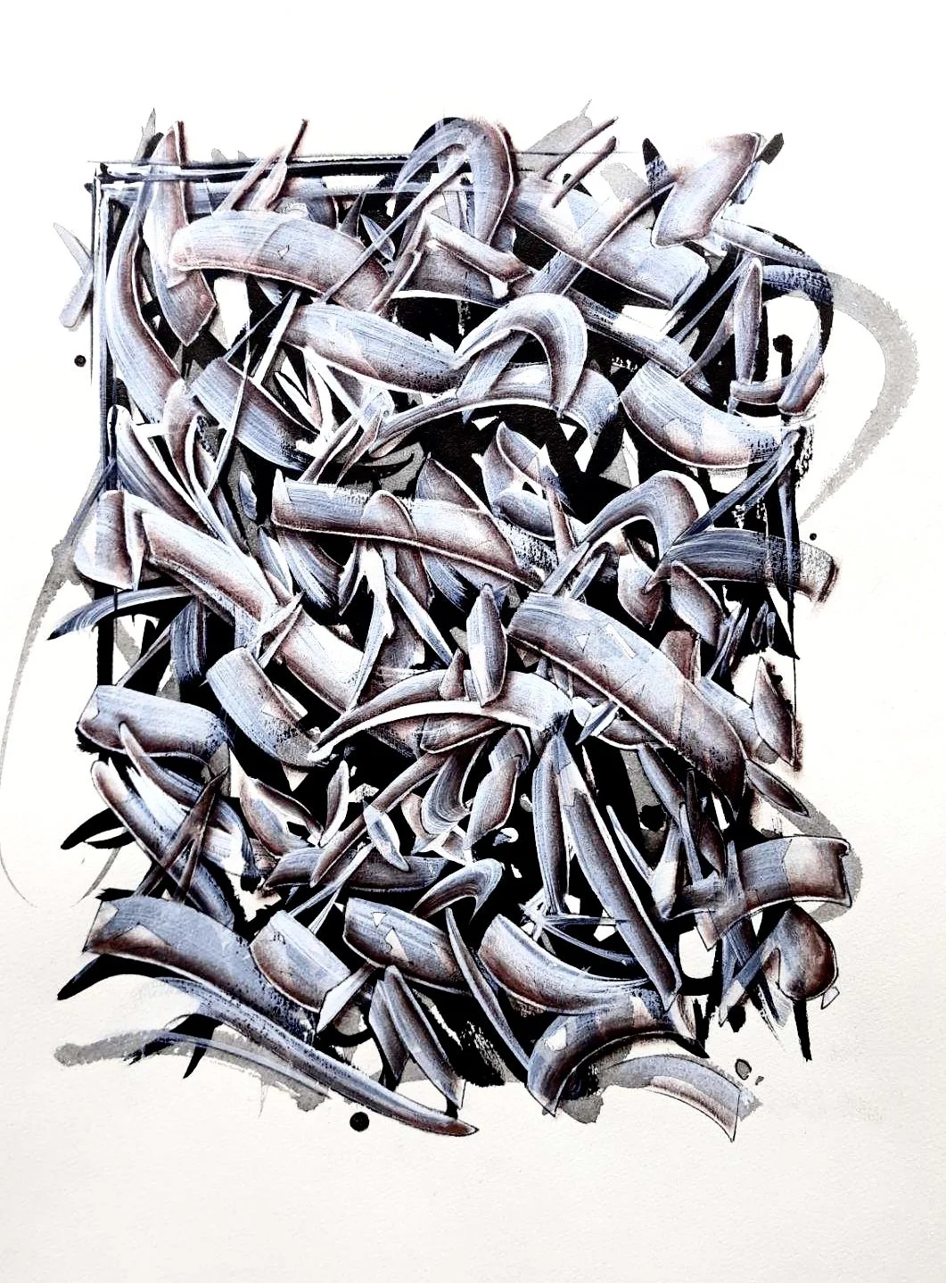 Noisy Totem, 2020, mixed media on paper, Calligraphy/Graffiti Series by Steve Lecru, Aka 3Dots, contemporary painting showing dynamic lettering, gestural calligraphy, abstract composition inspired by graffiti, Latin,Arabic and Chinese calligraphy