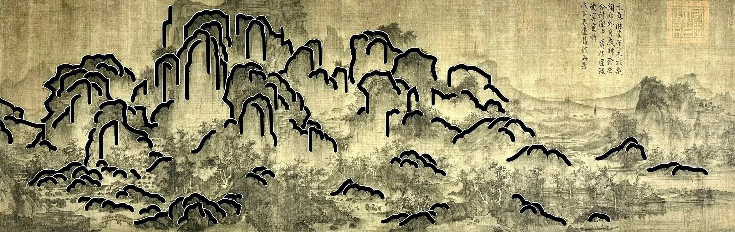 Steve Lecru' Art, 3Dots ,Chinese landscape reinterpretations , combining traditional chinese painting, graffiti, and calligraphy in dynamic cross-cultural compositions.