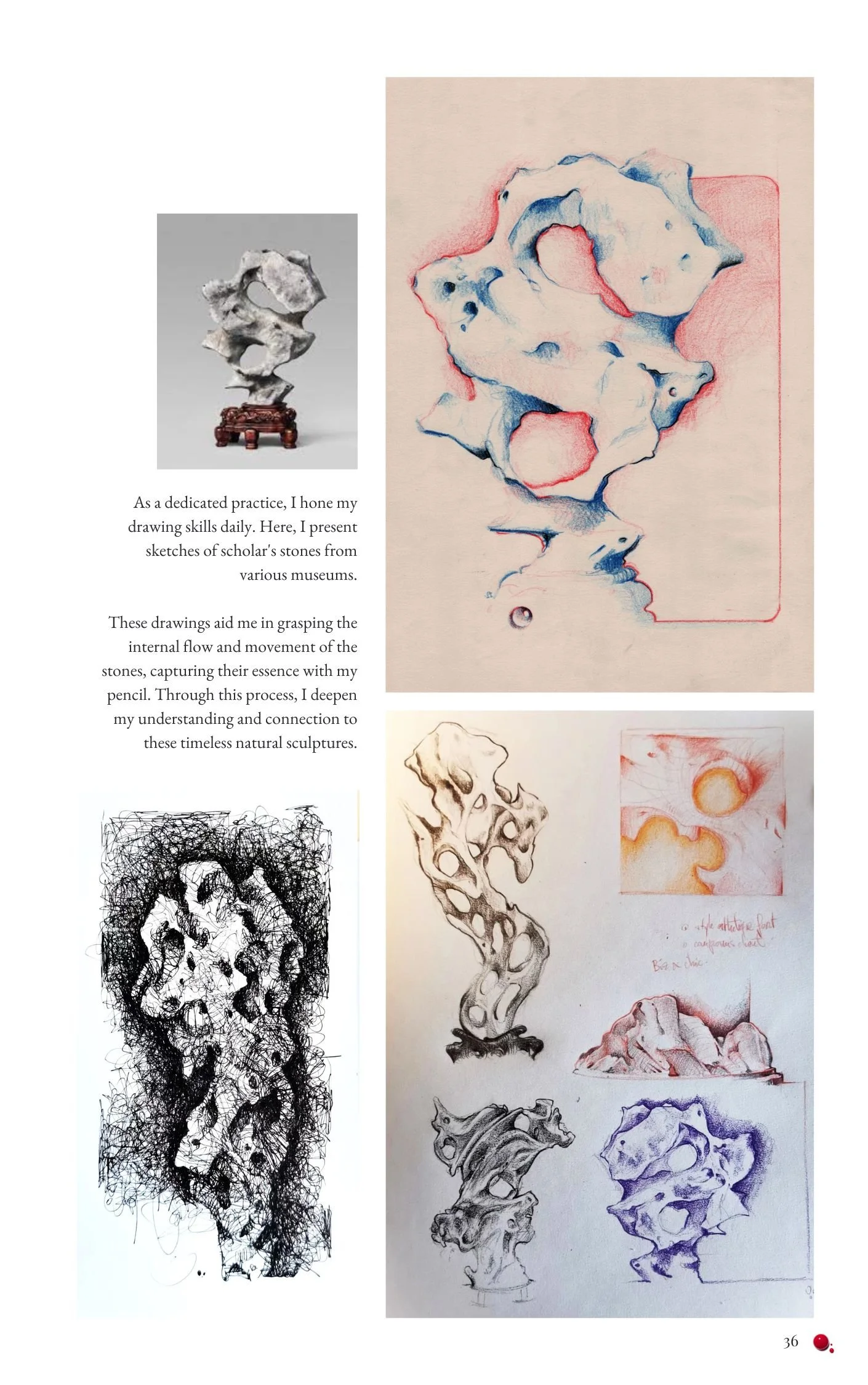 Steve Lecru, Art Book , 2024, Page with sketches of scholar's stones from museums, including detailed pencil and color drawings, and a small paragraph explaining the artist's practice of studying natural sculpture forms.