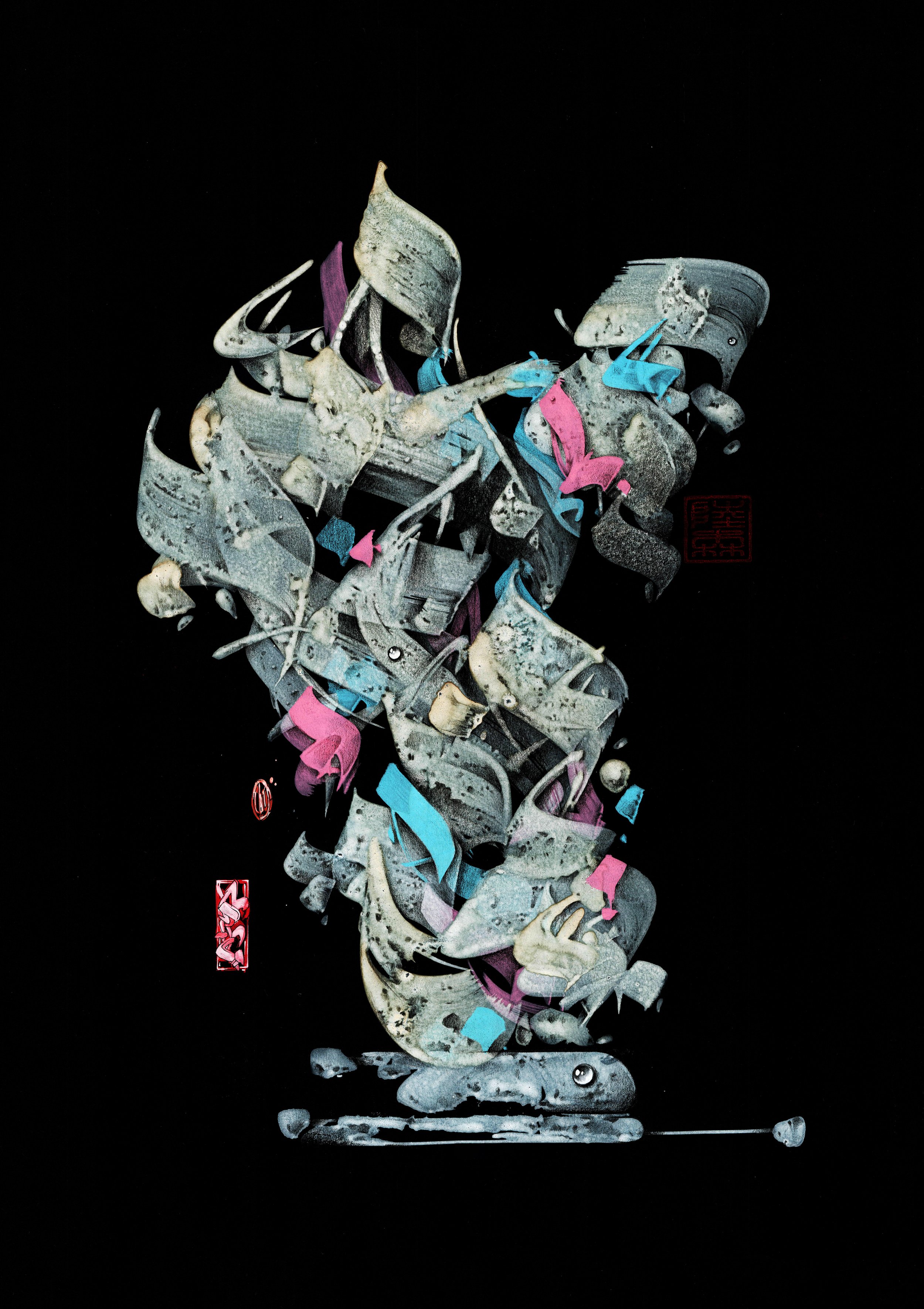 Steve Lecru Art , 3Dots,  Scholar Stones Series, contemporary painting inspired by Taihu stones and Chinese scholar stones, blending calligraphy and graffiti techniques