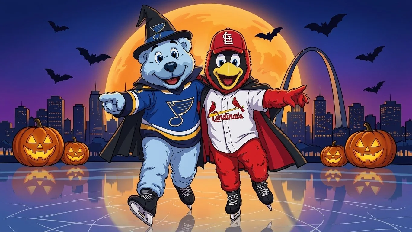 Mascots Fredbird and Louie ice skating in a Halloween family friendly costume skating event