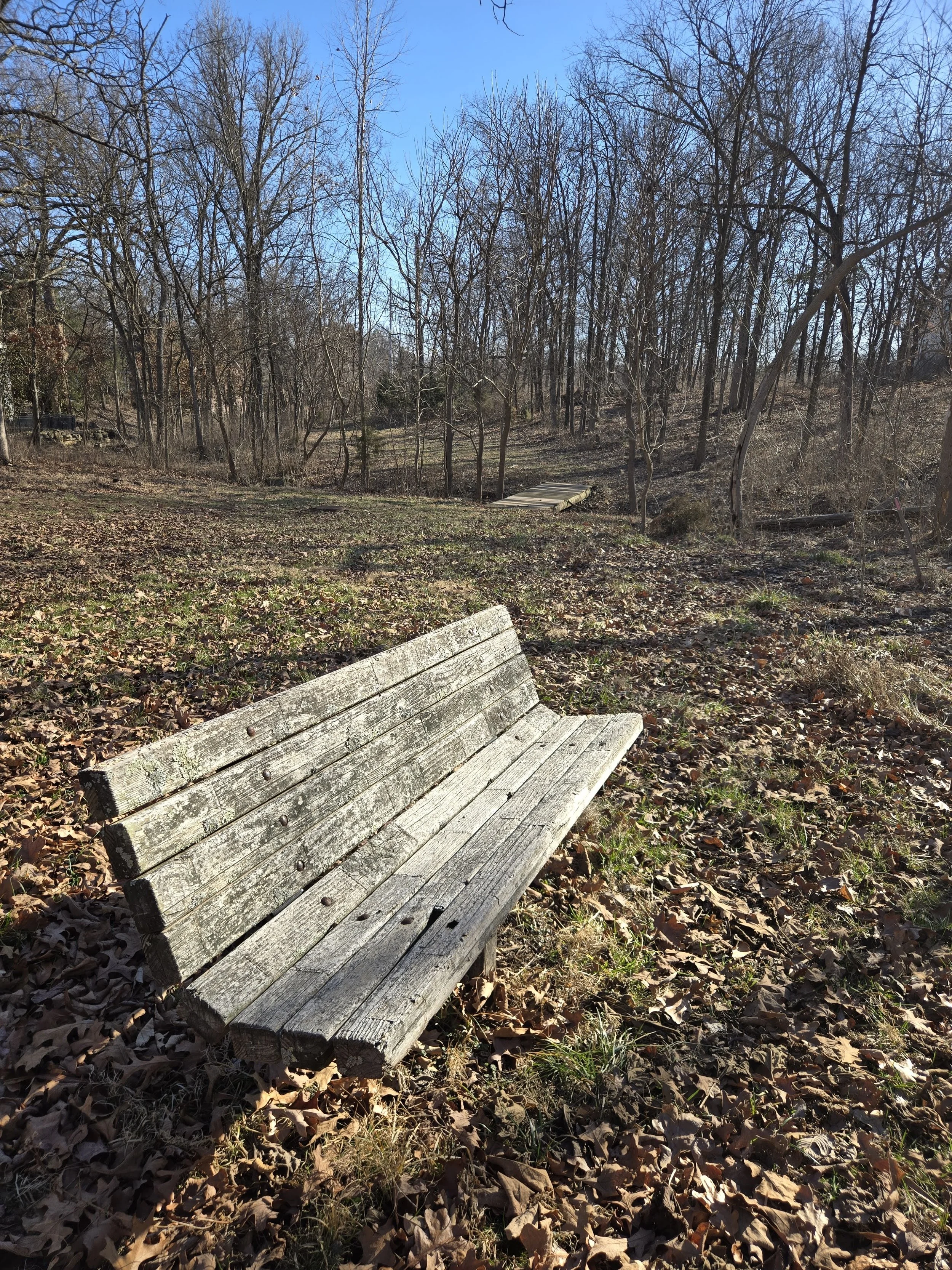 Seating bench and walking bridge over a creek in nature at Fireman's Park in Kirkwood, MO
