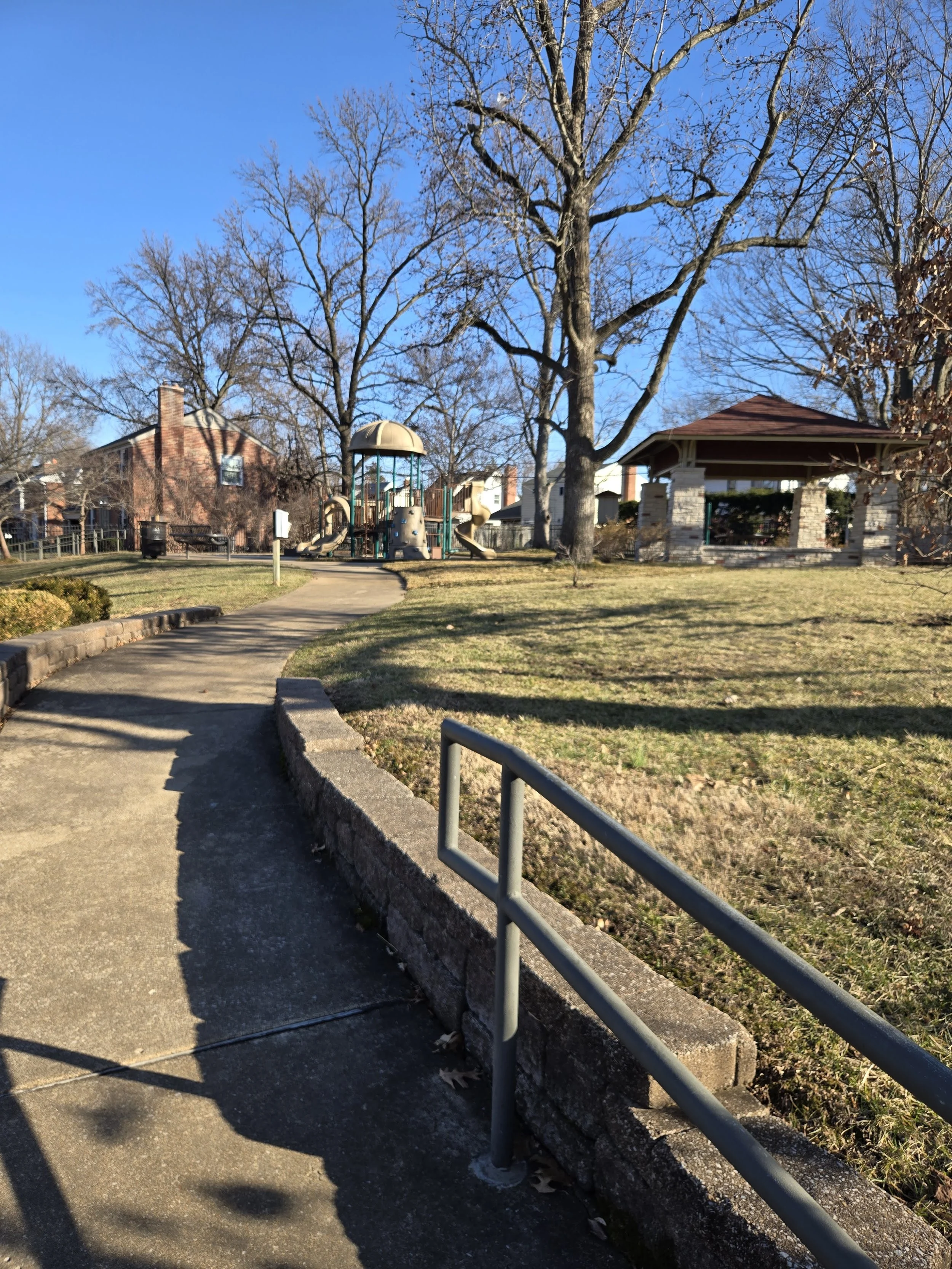Playground, Gazebo, bench, and walking path at Monfort Park in Kirkwood, MO