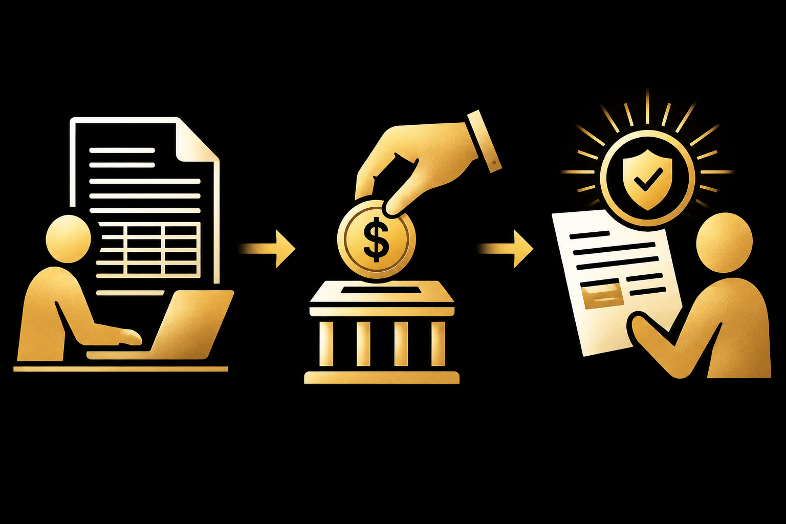 Black and gold illustration of filing a return, making a tax payment, and reviewing a notice after a missed deadline