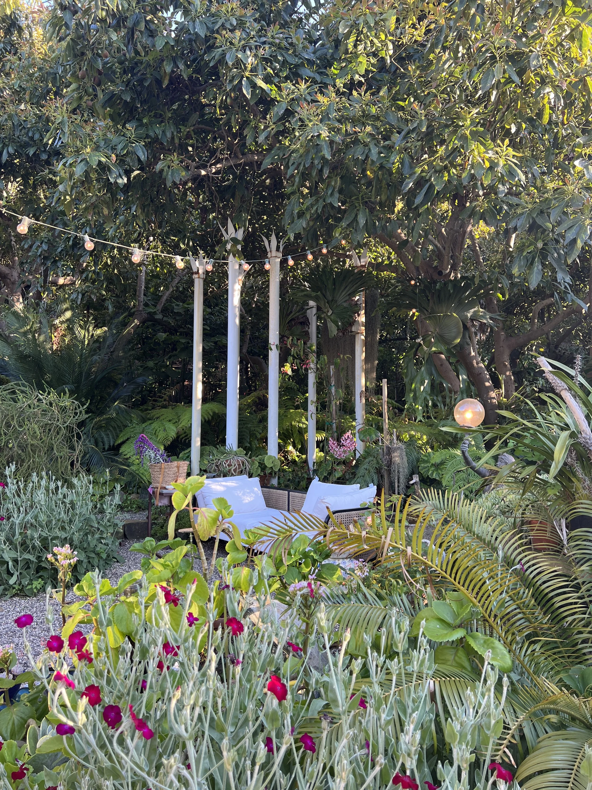 A lush garden with dense green foliage, string lights hanging above, and a cozy seating area with white cushions and chairs surrounded by colorful flowers and plants.
