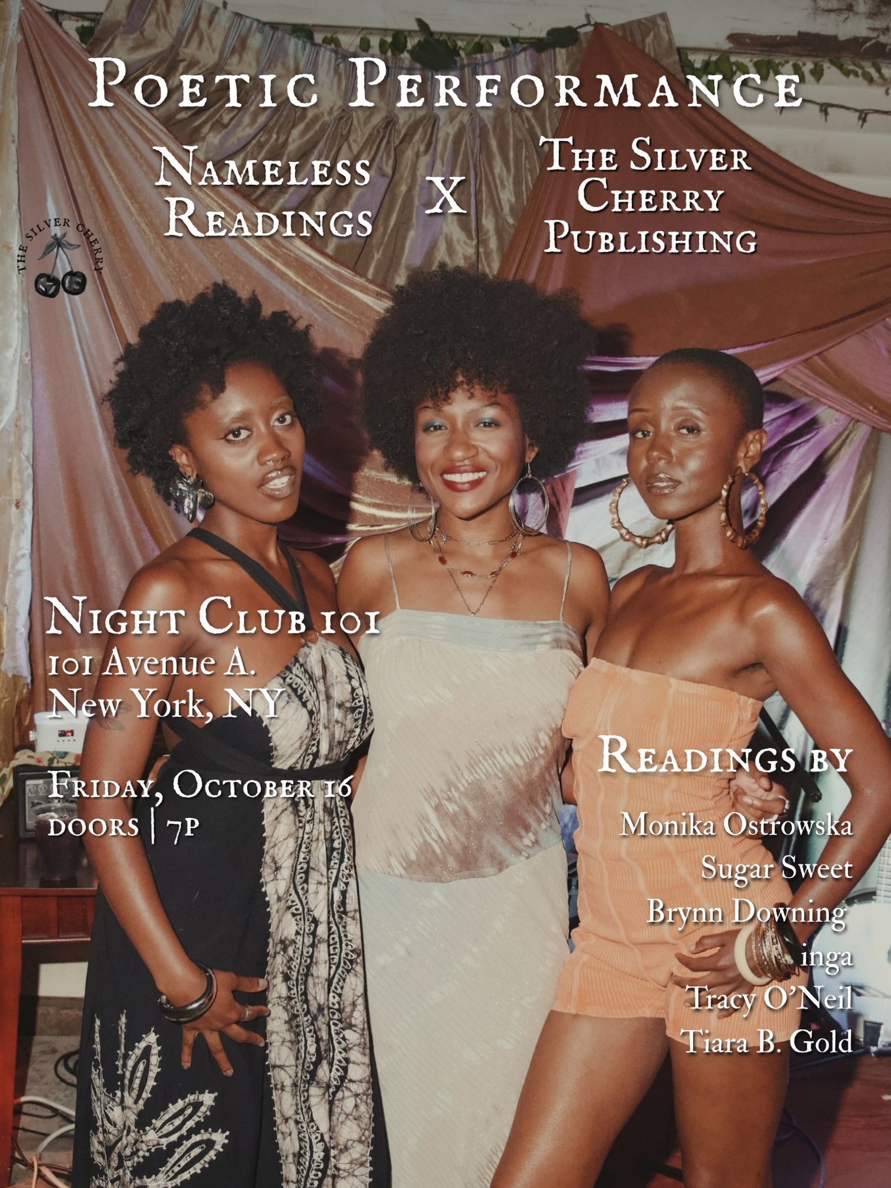 Let&rsquo;s go to New York🍒

@namelessreadings is hosting us at @night_club_101 for a Poetic Performance. We have our featured authors Sugar Sweet, inga &amp; Tiara B. Gold as well as Nameless readers, Molika Ostrowskza, Brynn Downing &amp; Tracy O&