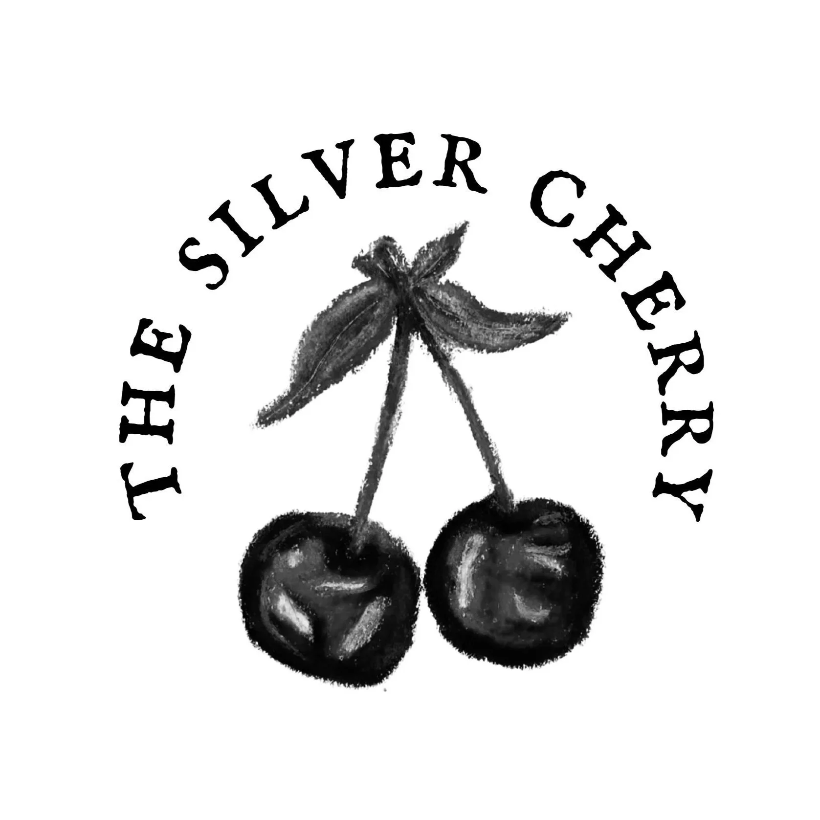 Black and white hand-drawn logo of Two Cherry Silvers with the words "The Silver Cherry" arched above the cherries.