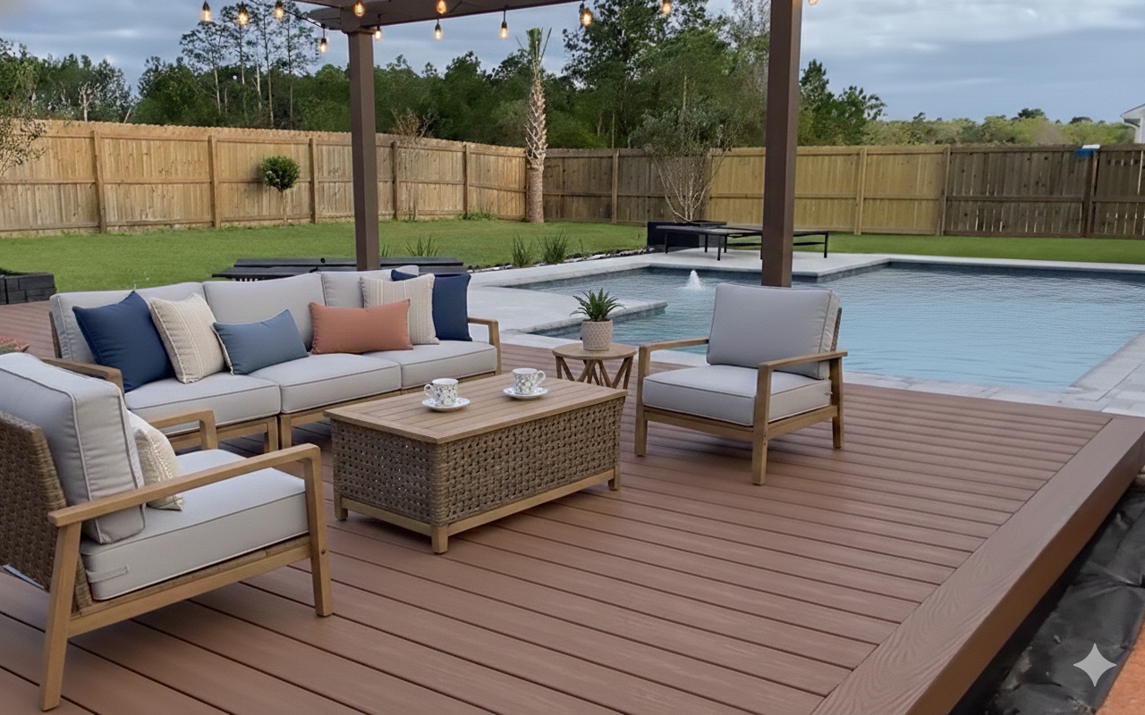 Outdoor backyard with a wooden deck, patio furniture including a sofa and chairs with cushions, a small table with coffee cups, a swimming pool, and a wooden fence with string lights overhead.