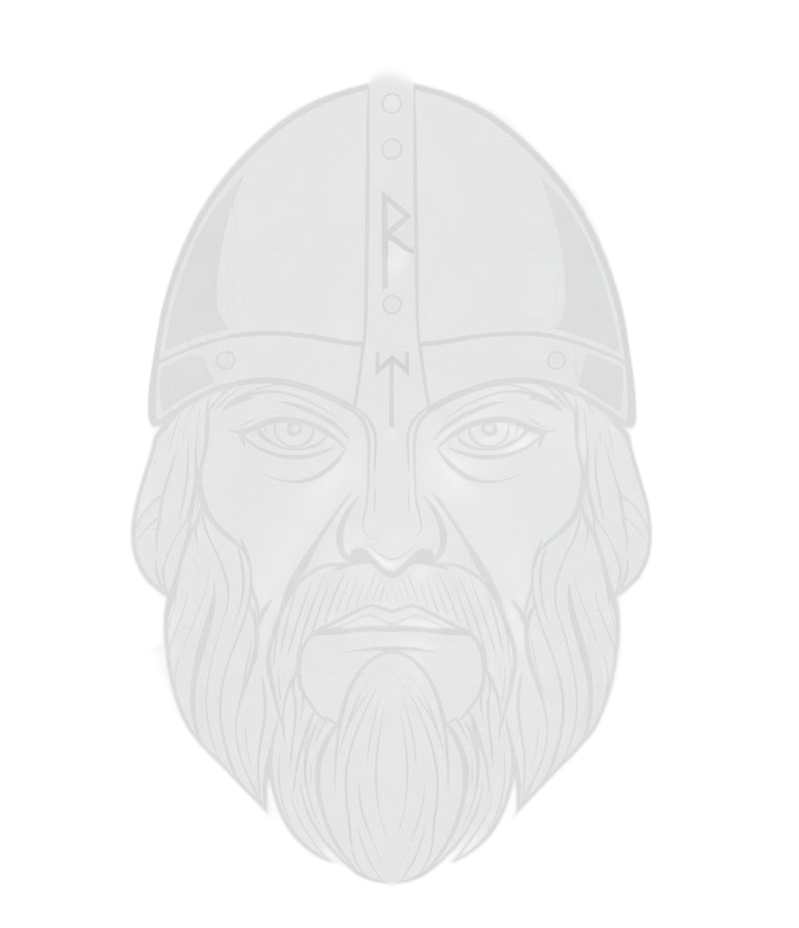A line drawing of Nordic God TYR wearing a helmet with a long hair.