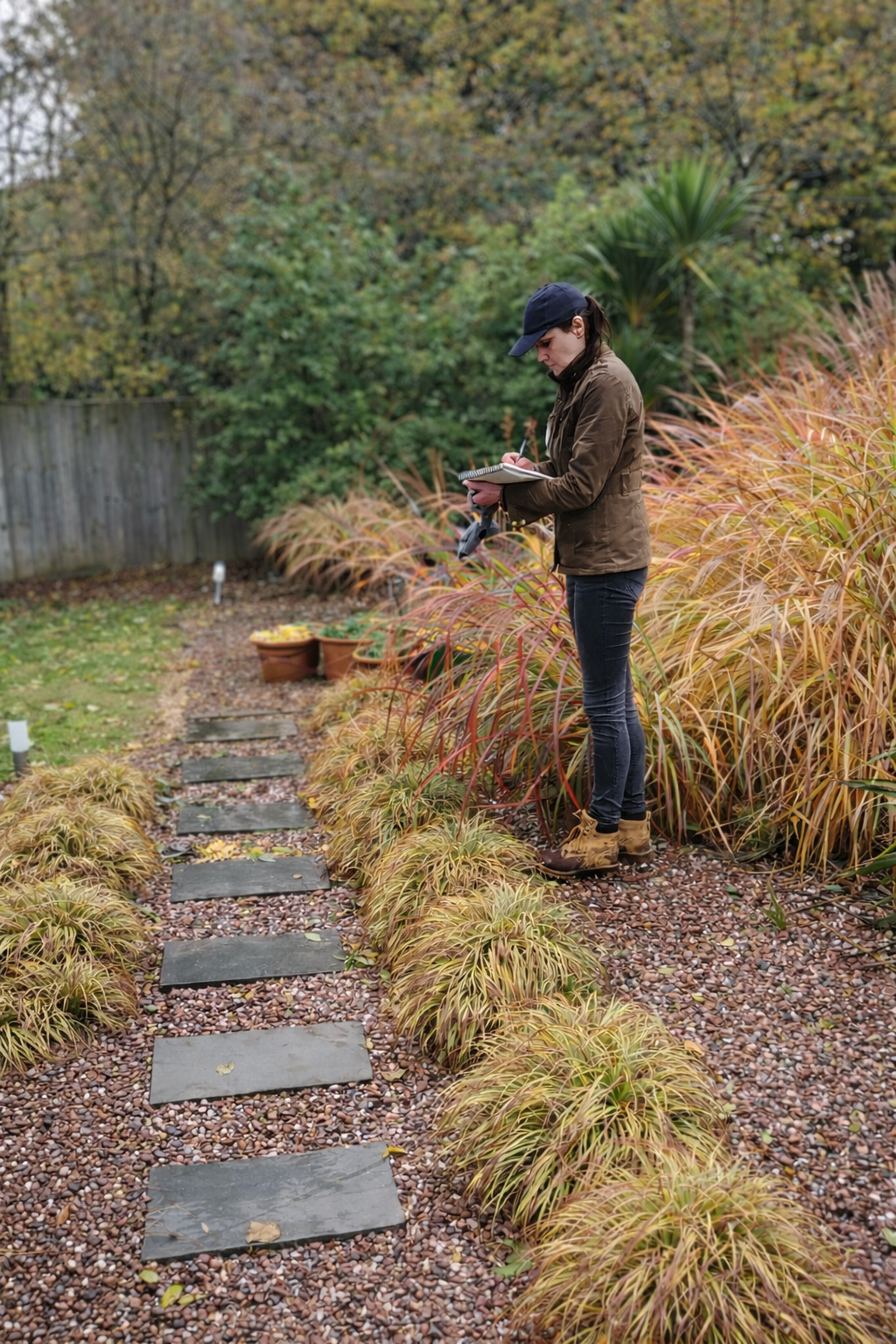 Rachel Newson taking measurements and notes ahead of designing a garden