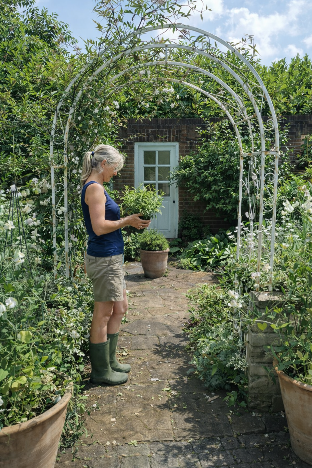 Rachel Newson preparing to plant a new plant in a white garden.