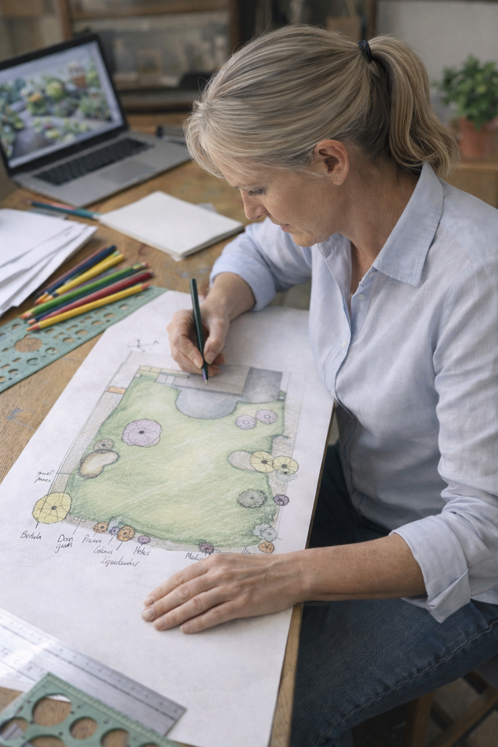 Woman designing a landscape plan with colored pencils, sitting at a wooden table with drawing tools, coffee, papers, and a laptop in the background.