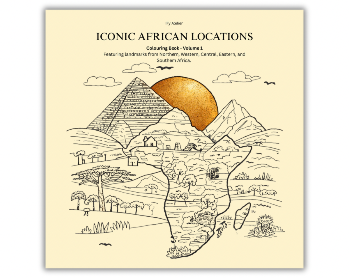 Illustration of a map of Africa with landmarks from African regions, featuring a pyramid, mountain, and savannah with trees, animals, and wildlife, with an orange sun in the background.
