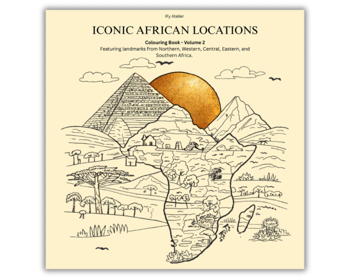 Cover of a coloring book titled 'Iconic African Locations' featuring landmarks from Africa. The illustration shows a stylized outline of the African continent filled with sketches of various scenic landmarks, including a pyramid, a mountain, and a savanna landscape, with a sunset in the background.