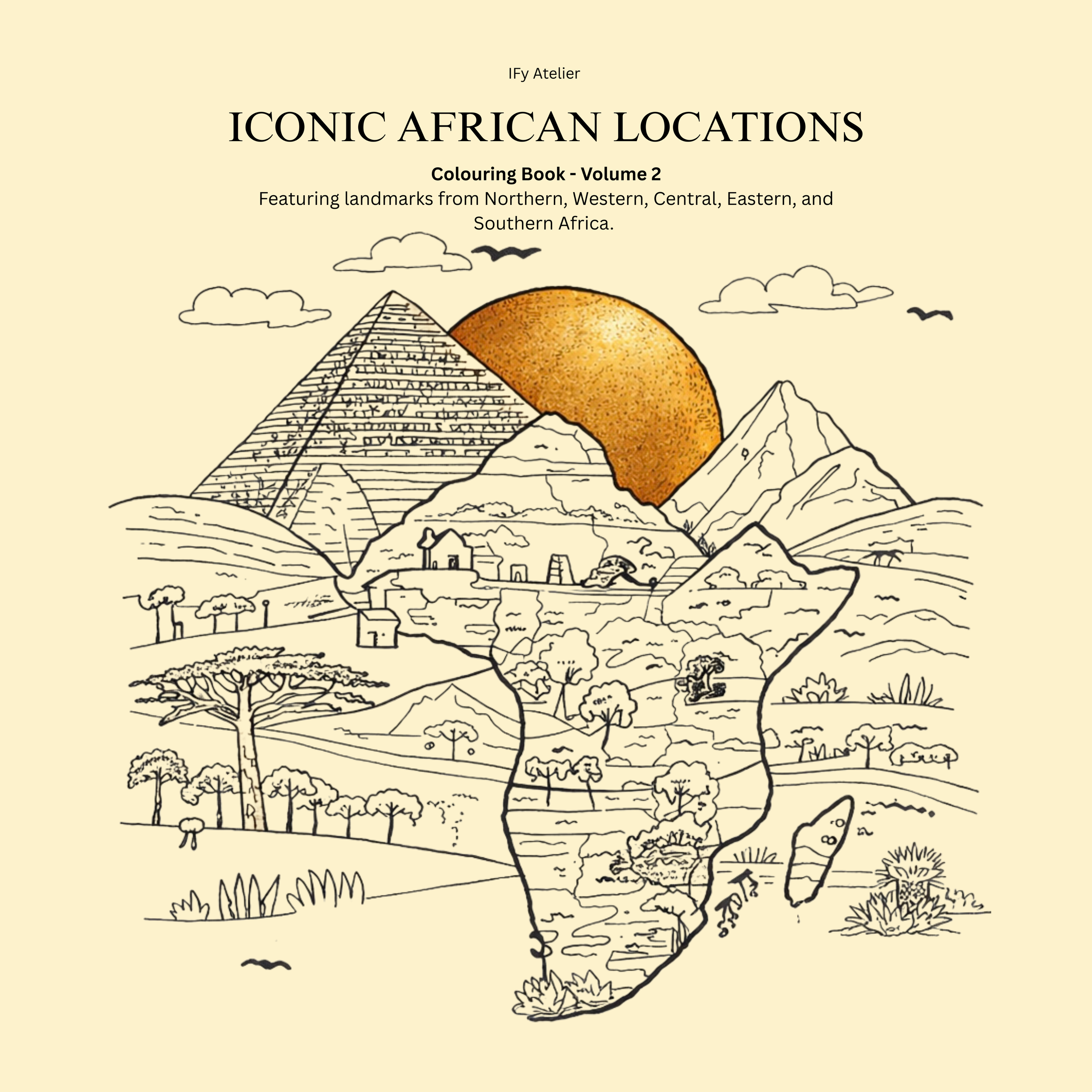 Cover of a coloring book titled "Iconic African Locations" showing a line drawing of African landmarks within the outline of the continent, featuring a pyramid, mountains, and savanna with trees, with a sun in the background.