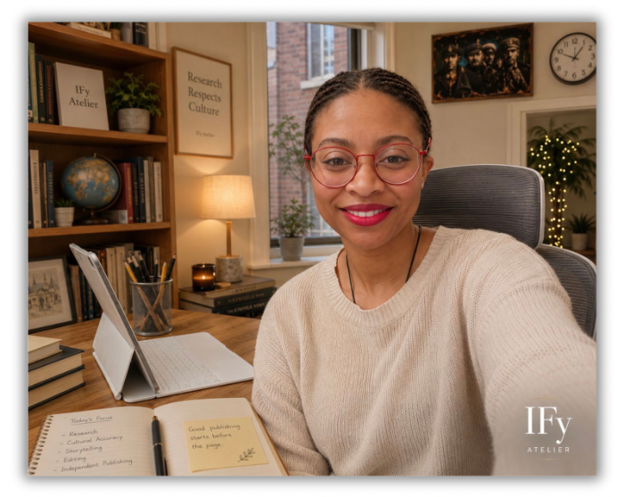 Ifeyinwa Nwaejike, founder and publisher of IFy Atelier, an independent publishing and creative studio in Belfast, NI with glasses and a beige sweater taking a selfie in a well-decorated home office with bookshelves, a globe, and a desk lamp.