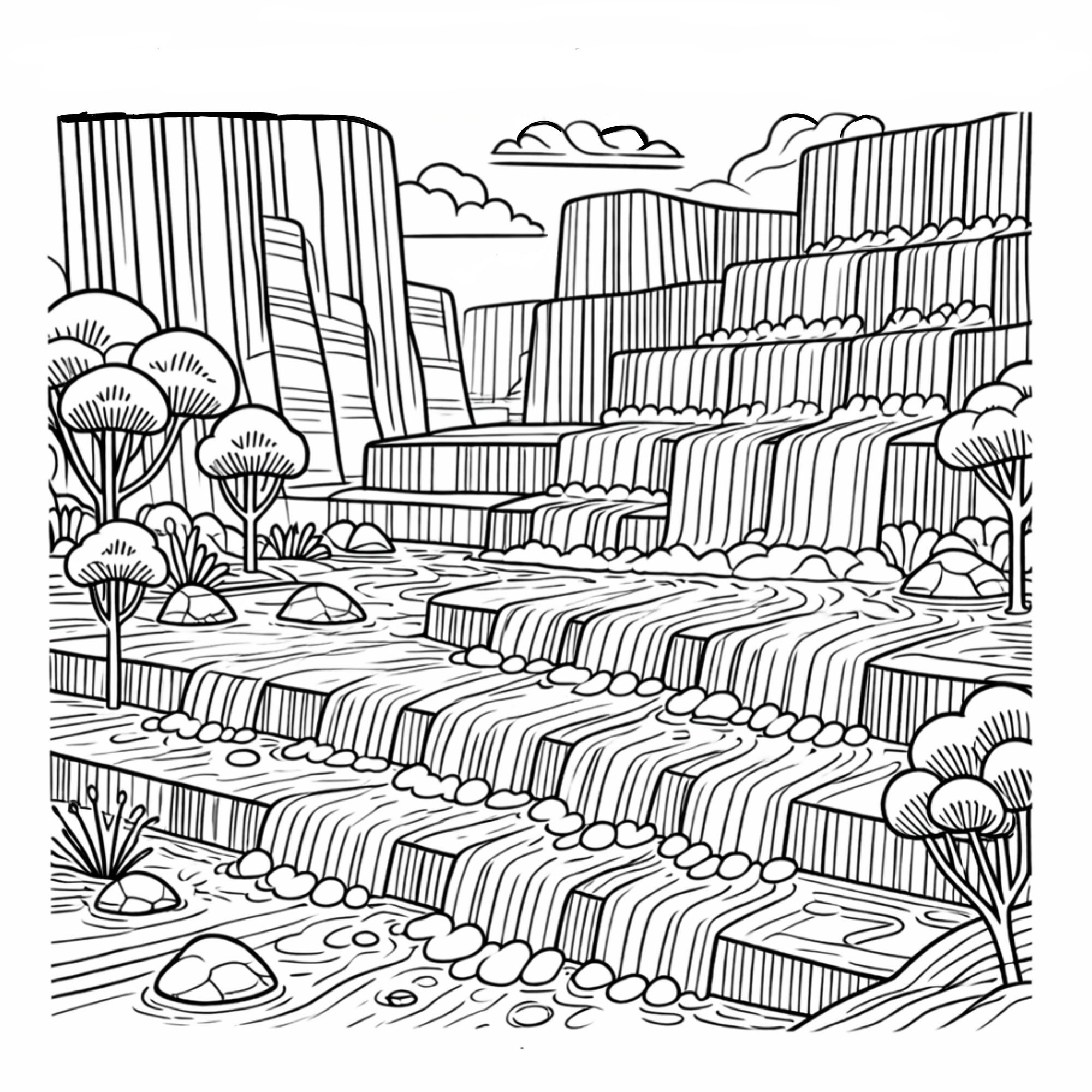Black and white line drawing of a multi-tiered waterfall flowing over rocks in a canyon, with trees on either side and clouds in the sky.