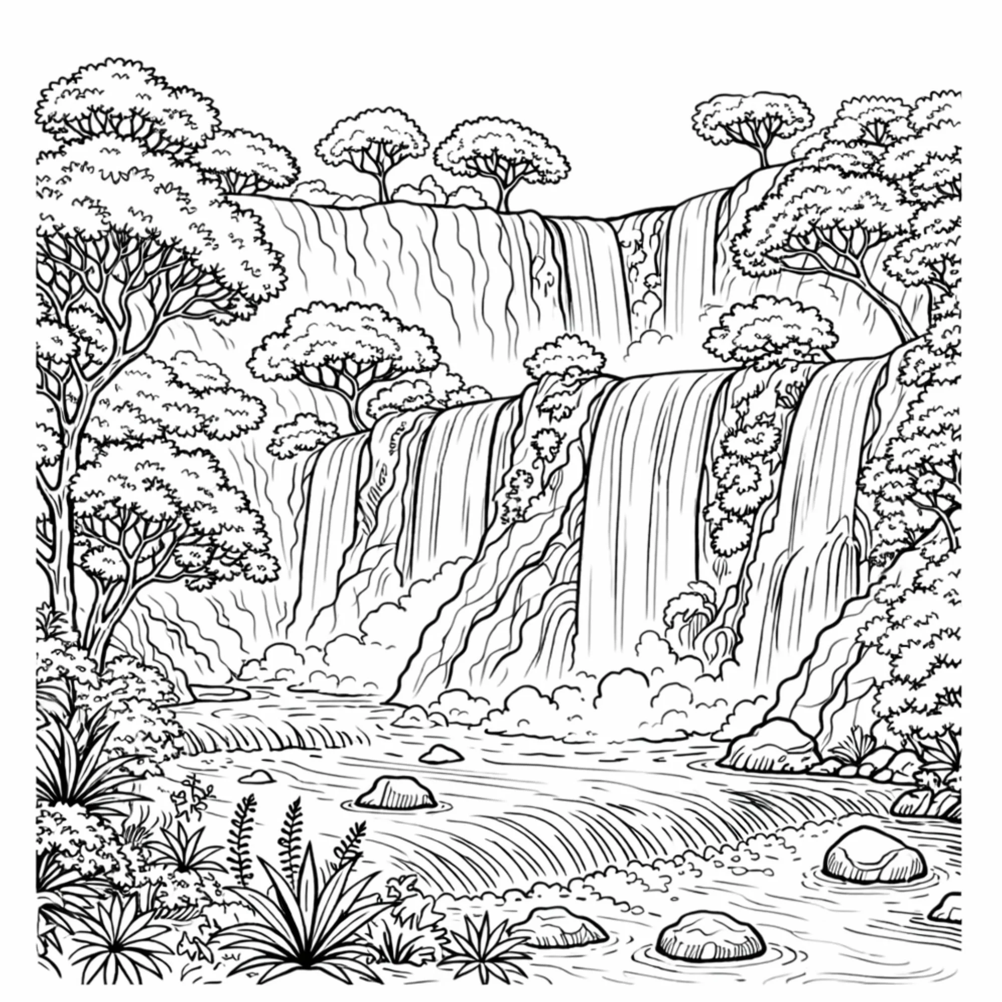 Black and white line drawing of a waterfall in a forest, with trees, rocks, and flowing water.