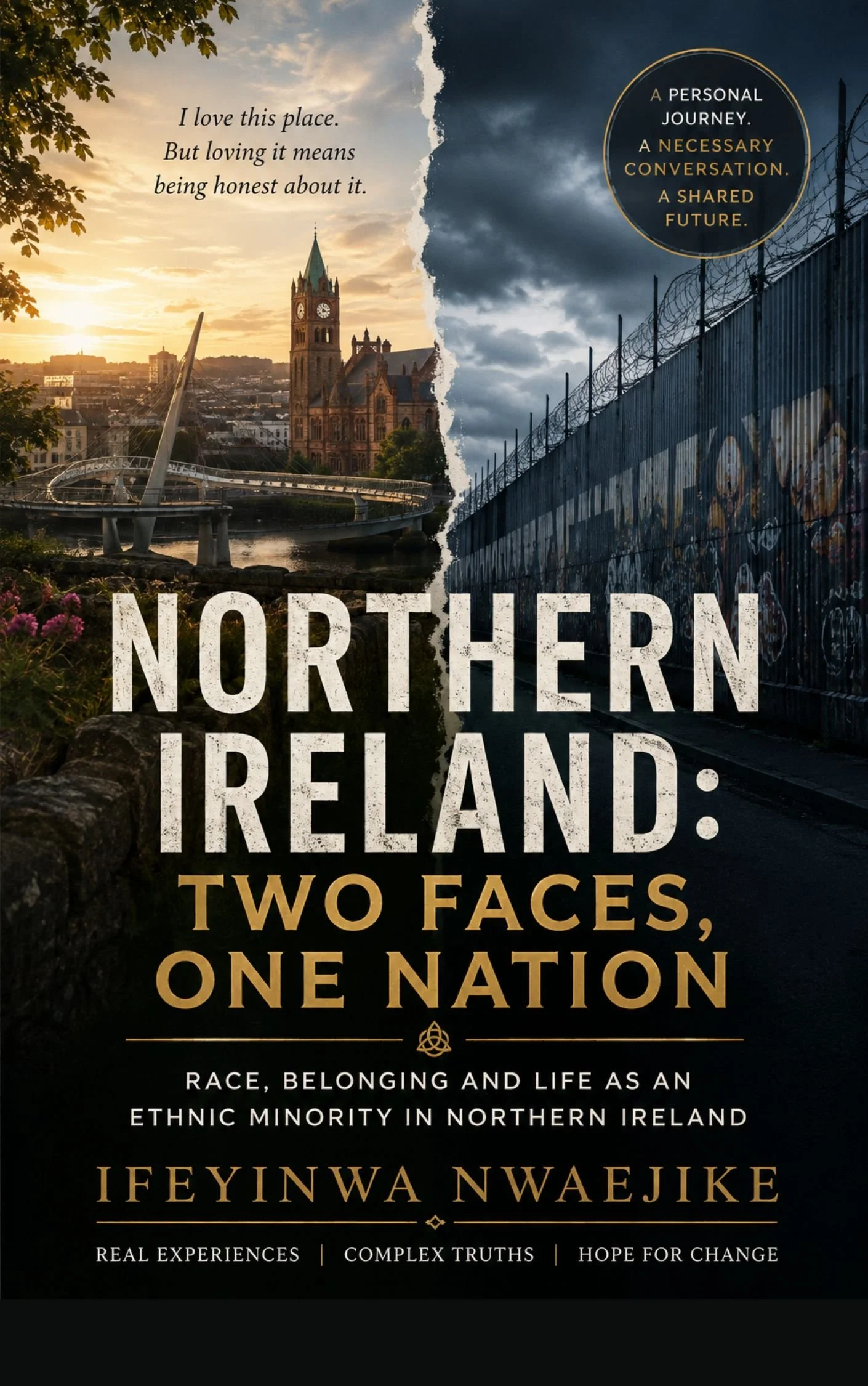 Book cover titled "Northern Ireland: Two Faces, One Nation" with a split image of a cityscape. Left side shows a sunset over a city with historic buildings and a modern bridge; right side shows a barbed wire fence against a dark, stormy sky. The author's name is Ifeyinwa Nwaejike.