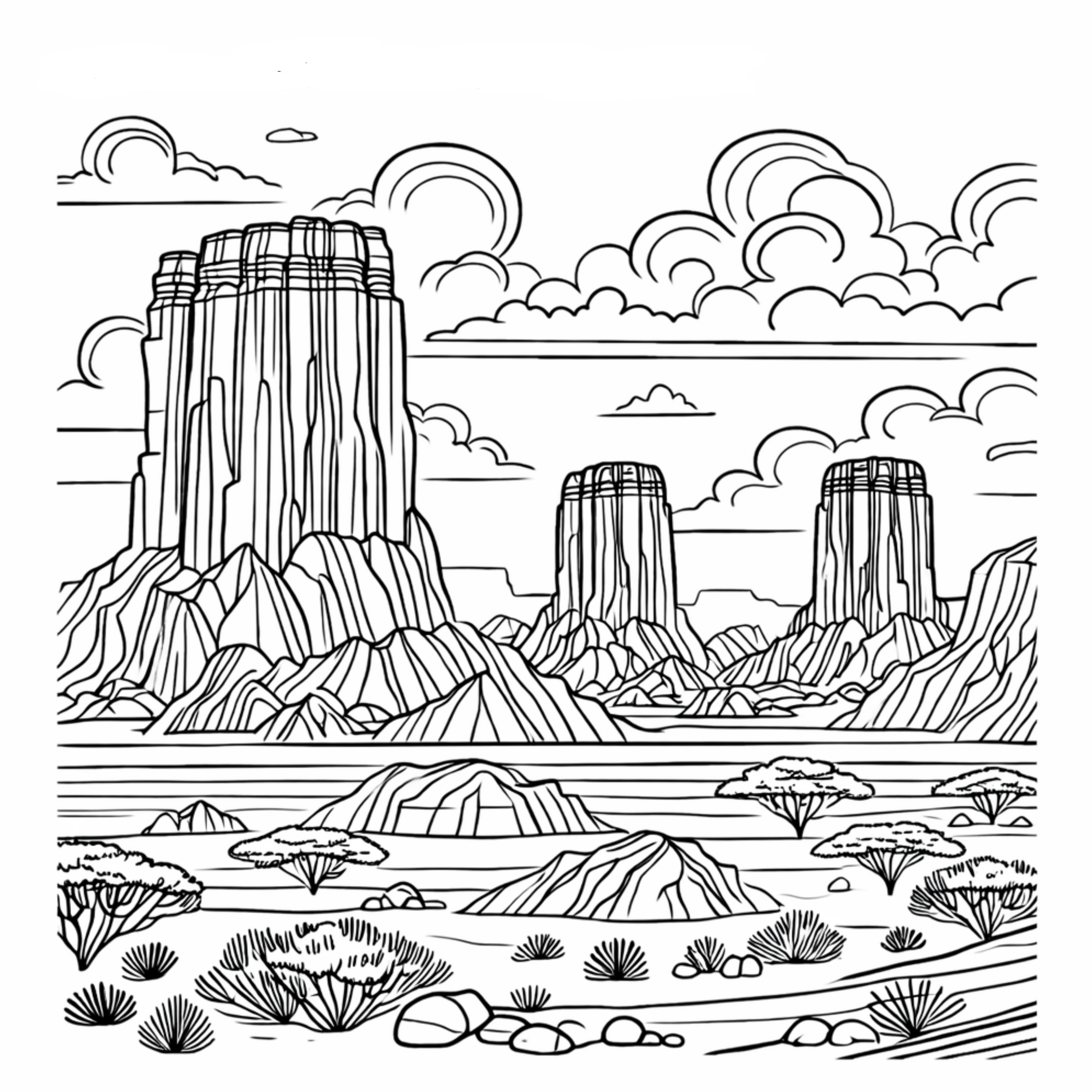 Black and white line drawing of Monument Valley with three large buttes, desert shrubs, and a cloudy sky.