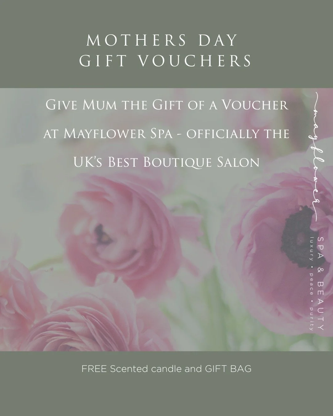 M O T H E R S 💐  D A Y 

Give the gift of relaxation - priceless!

Spend &pound;50 or over on a Gift Voucher and you'll receive one of our limited edition Mayflower scented candle.

Pop in or call to reserve

BEST Boutique Salon in 2026
Professional