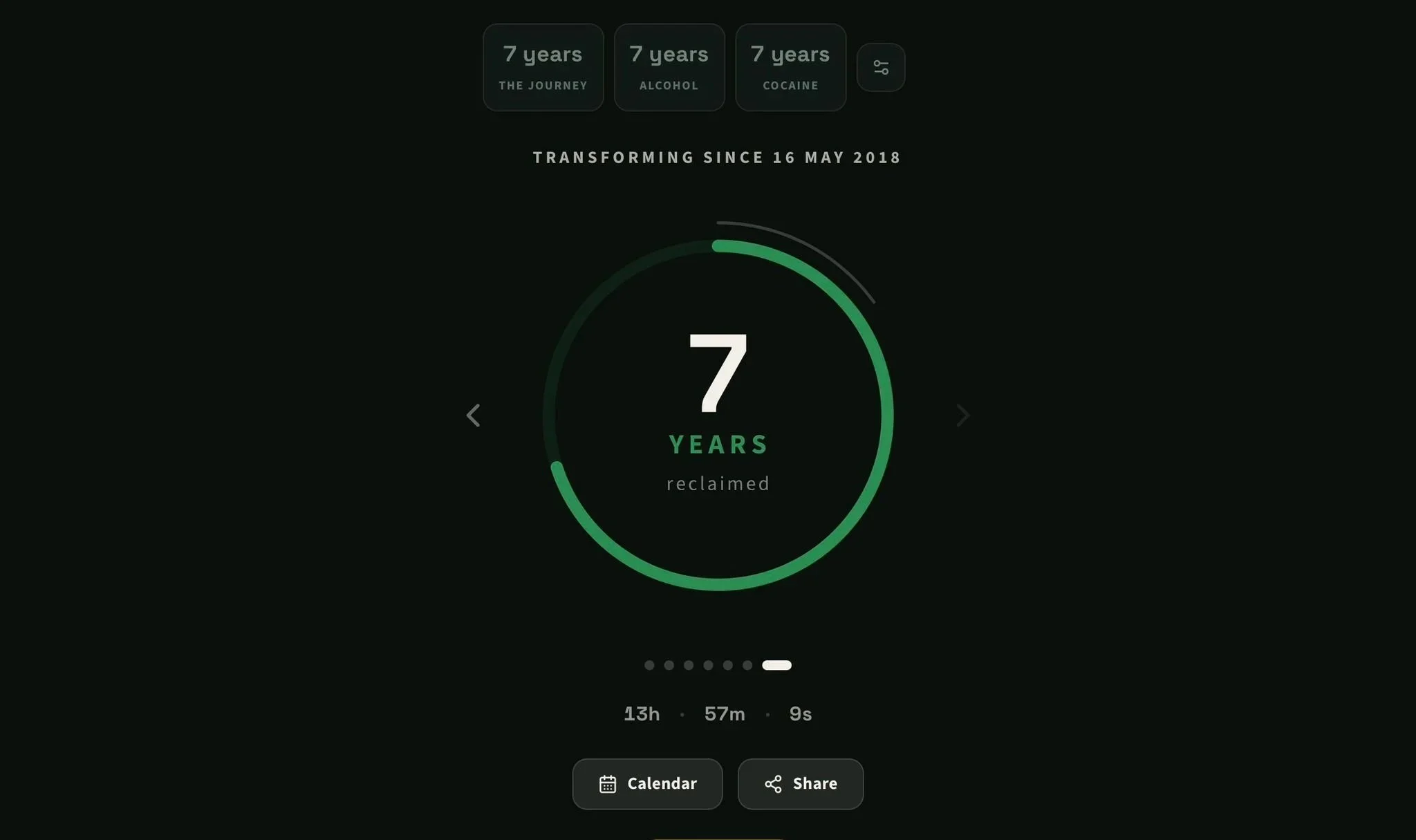 A black screen displaying a circular counter indicating 7 years reclaimed, with a green progress ring and options for calendar and sharing at the bottom.