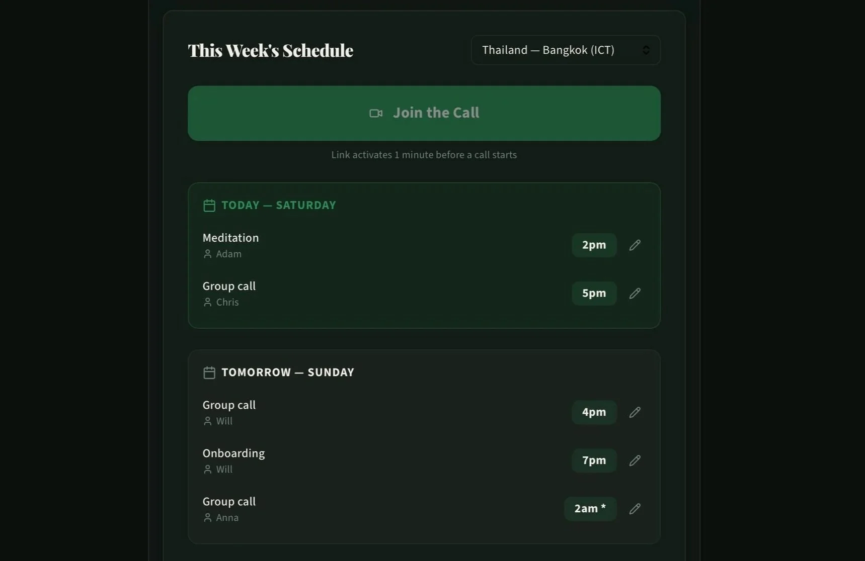 Weekly schedule interface with events on Saturday and Sunday, including meditation at 2pm, group call at 5pm, and additional meetings scheduled for Sunday.