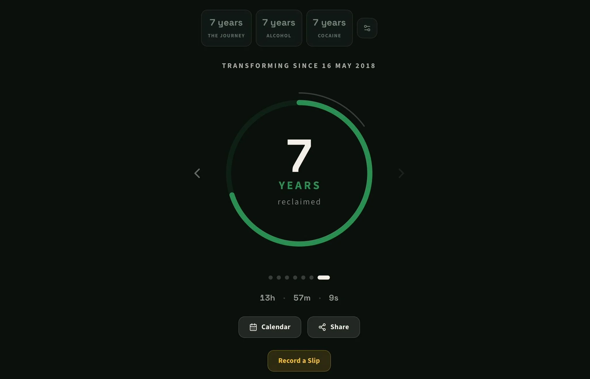 A digital tracker showing 7 years reclaimed from addiction, with a dark background and green accents. The top has three tags: '7 years The Journey,' '7 years Alcohol,' '7 years Cocaine.' Below, it says 'Transforming since 16 May 2018.' A circular progress graphic displays '7 years' in the center, with labels for days, hours, minutes, seconds, and buttons for 'Calendar,' 'Share,' and 'Record a Slip.'