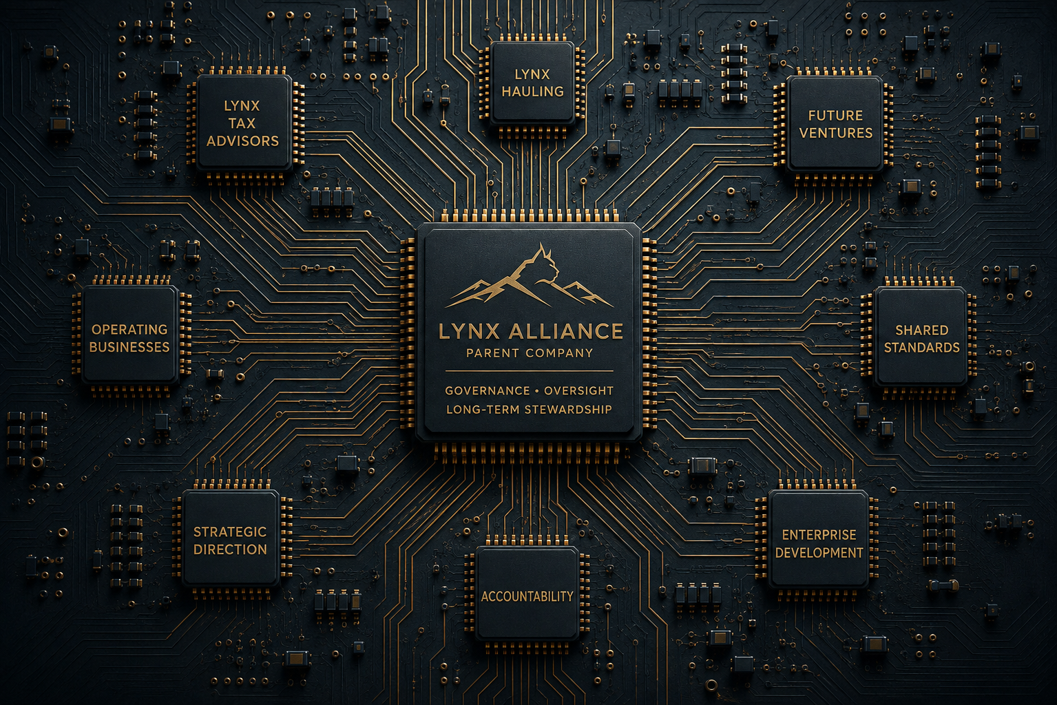 A digital illustration of a circuit board with a central chip labeled 'Lynx Alliance Parent Company' and additional chips labeled 'Lynx Tax Advisors', 'Lynx Hauling', 'Future Ventures', 'Shared Standards', 'Enterprise Development', 'Accountability', 'Strategic Direction', and 'Operating Businesses'. The chip features a mountain and lynx logo.